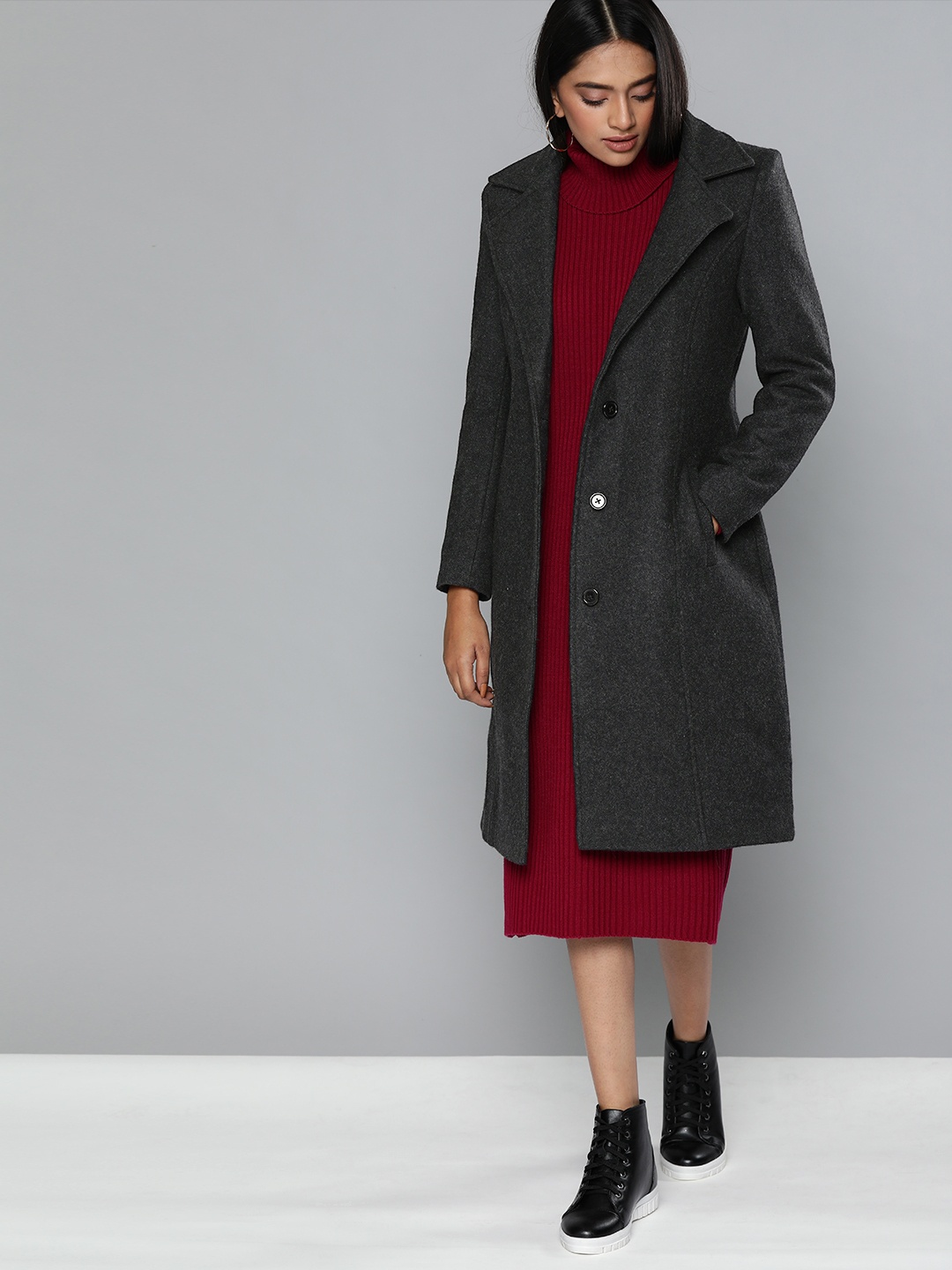 

Chemistry Women Charcoal Grey Solid Knee Length Trench Coat