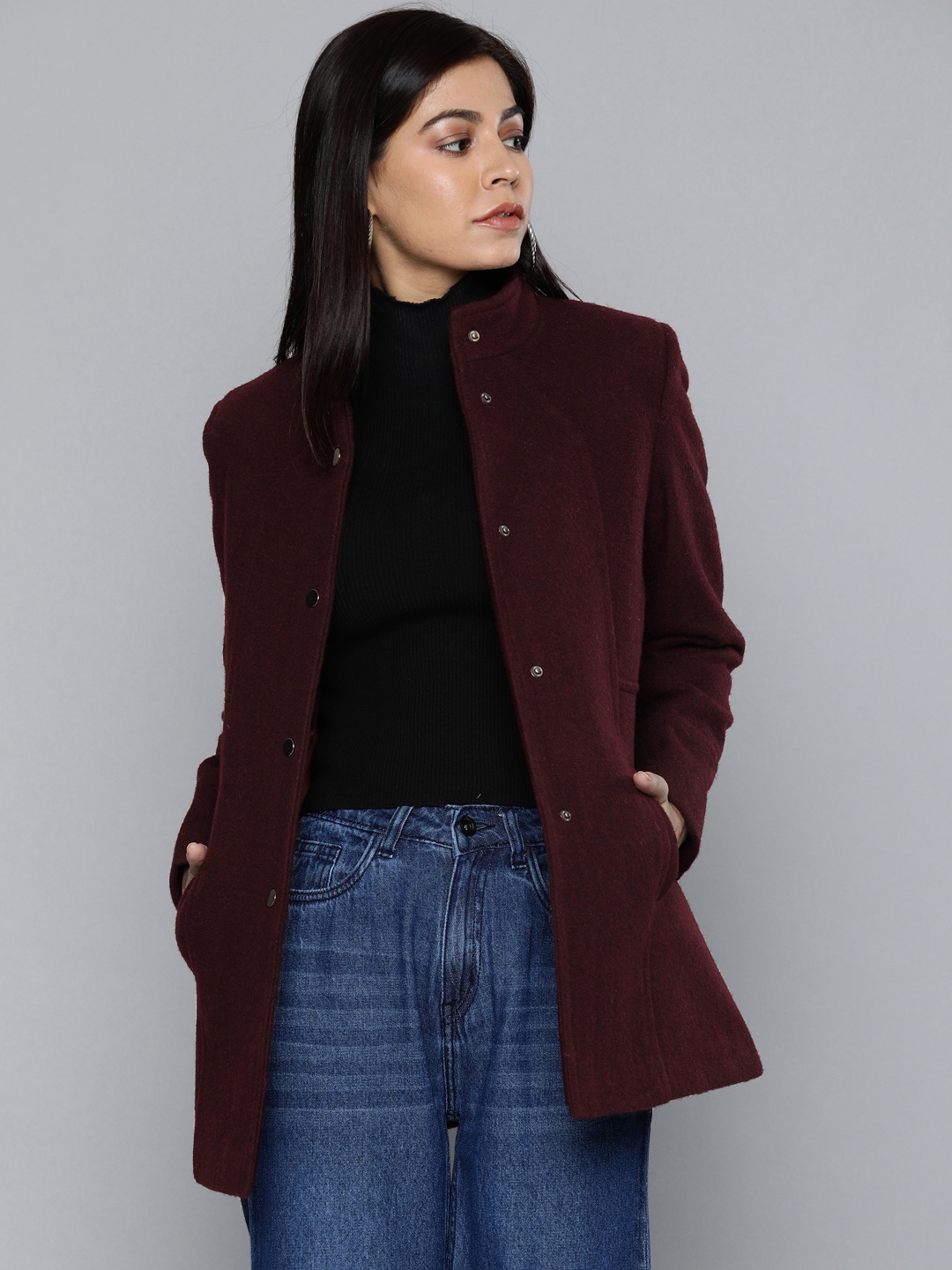 

Chemistry Edition Women Burgundy Solid Longline Over Coat