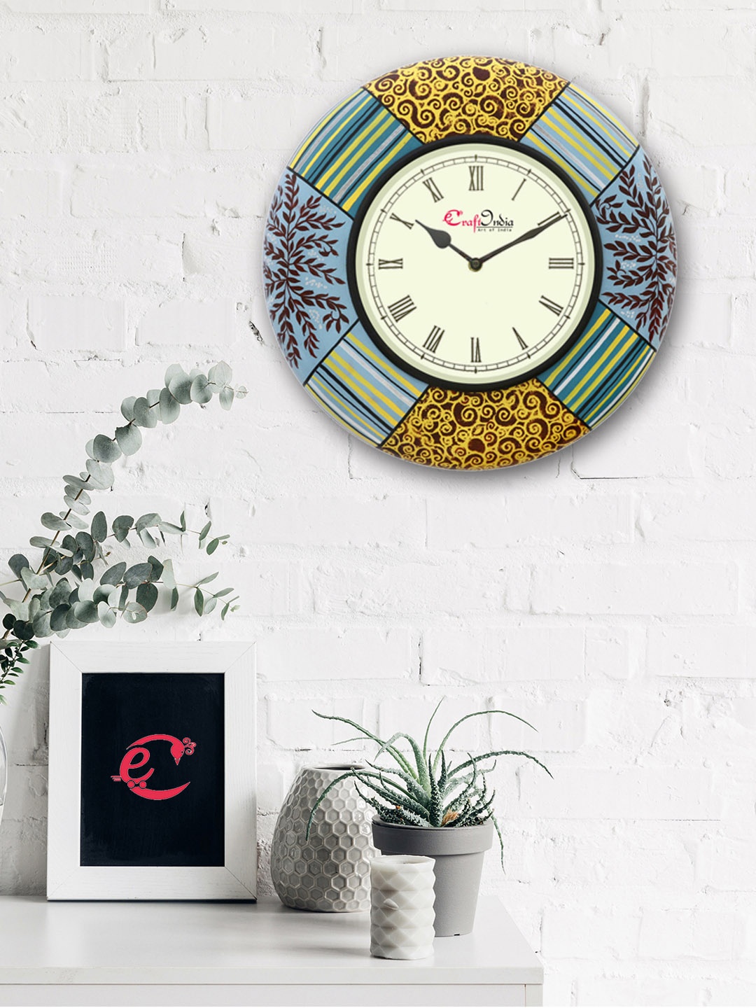 

eCraftIndia Beige & Yellow Handcrafted Round Printed 35 cm Analogue Wall Clock