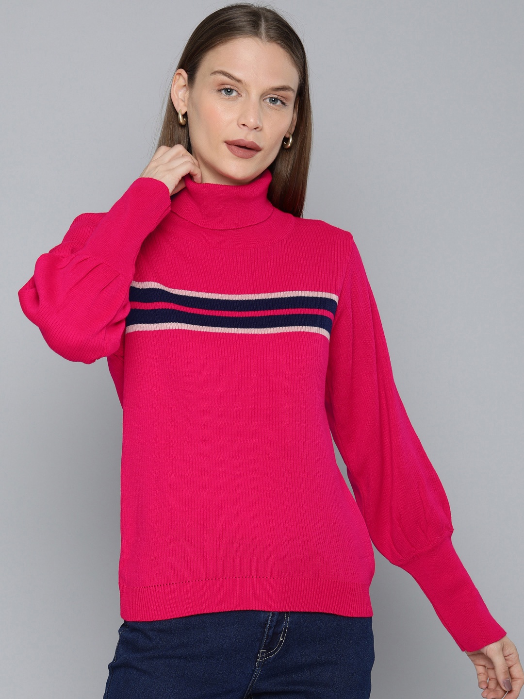 

Chemistry Women Pink Striped Pullover Sweater