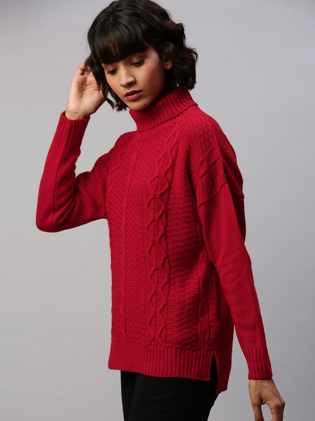 

Chemistry Women Red Self Design Pullover Sweater