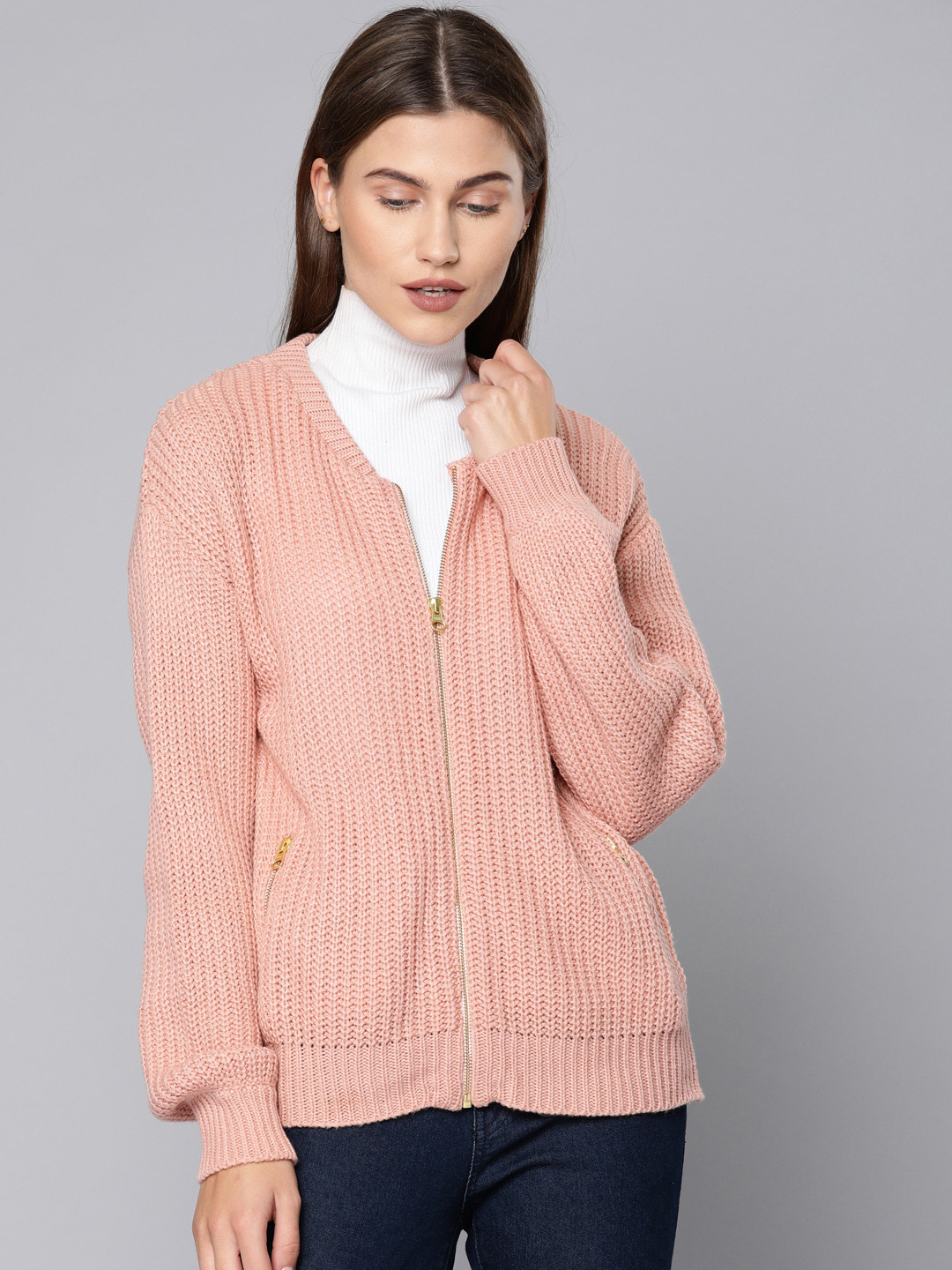

Chemistry Women Pink Self Design Cardigan Sweater