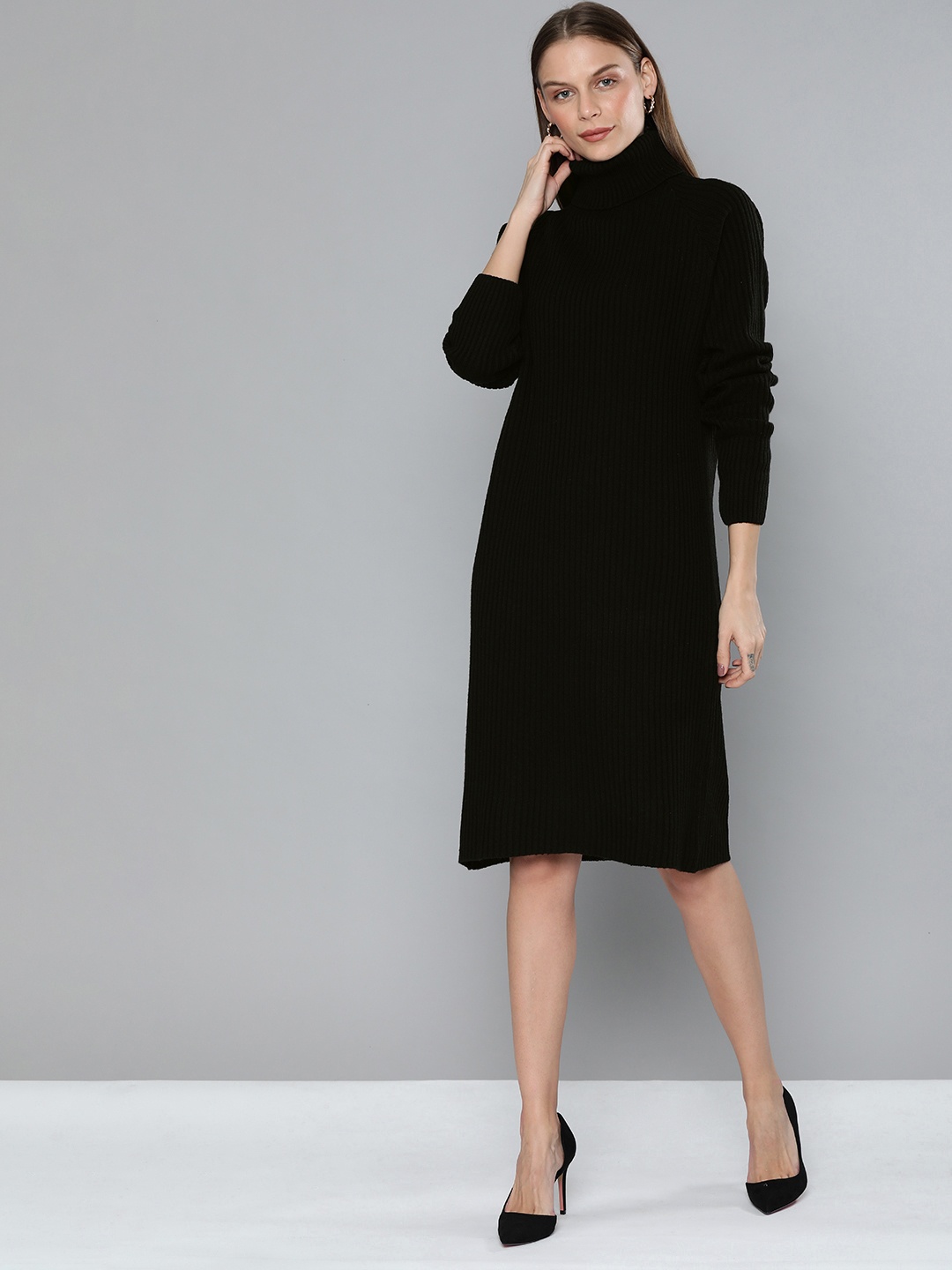 

Chemistry Women Black Self Design Jumper Dress