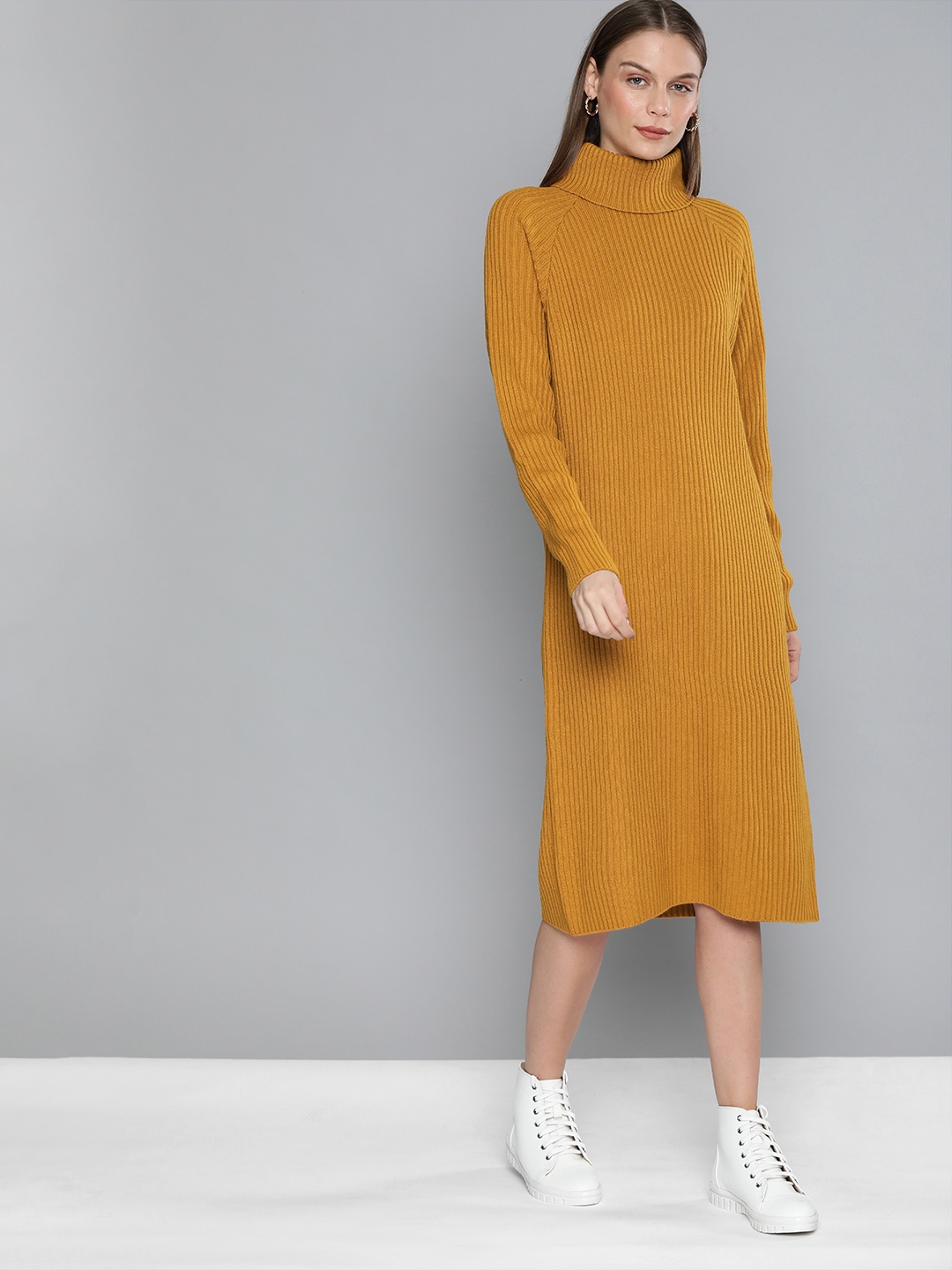 

Chemistry Women Mustard Self Design Jumper Dress