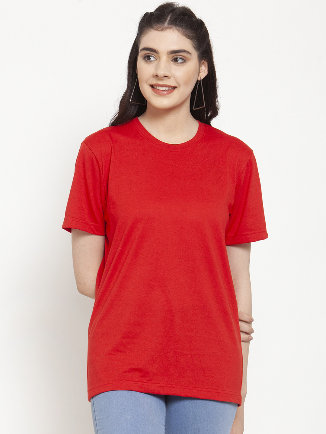 

Friskers Women Red Solid Round Neck T-shirt