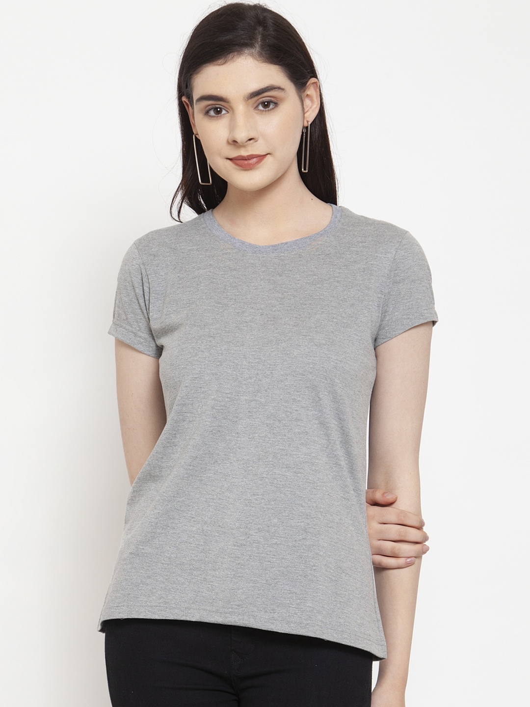 

Friskers Women Grey Melange Solid Round Neck T-shirt