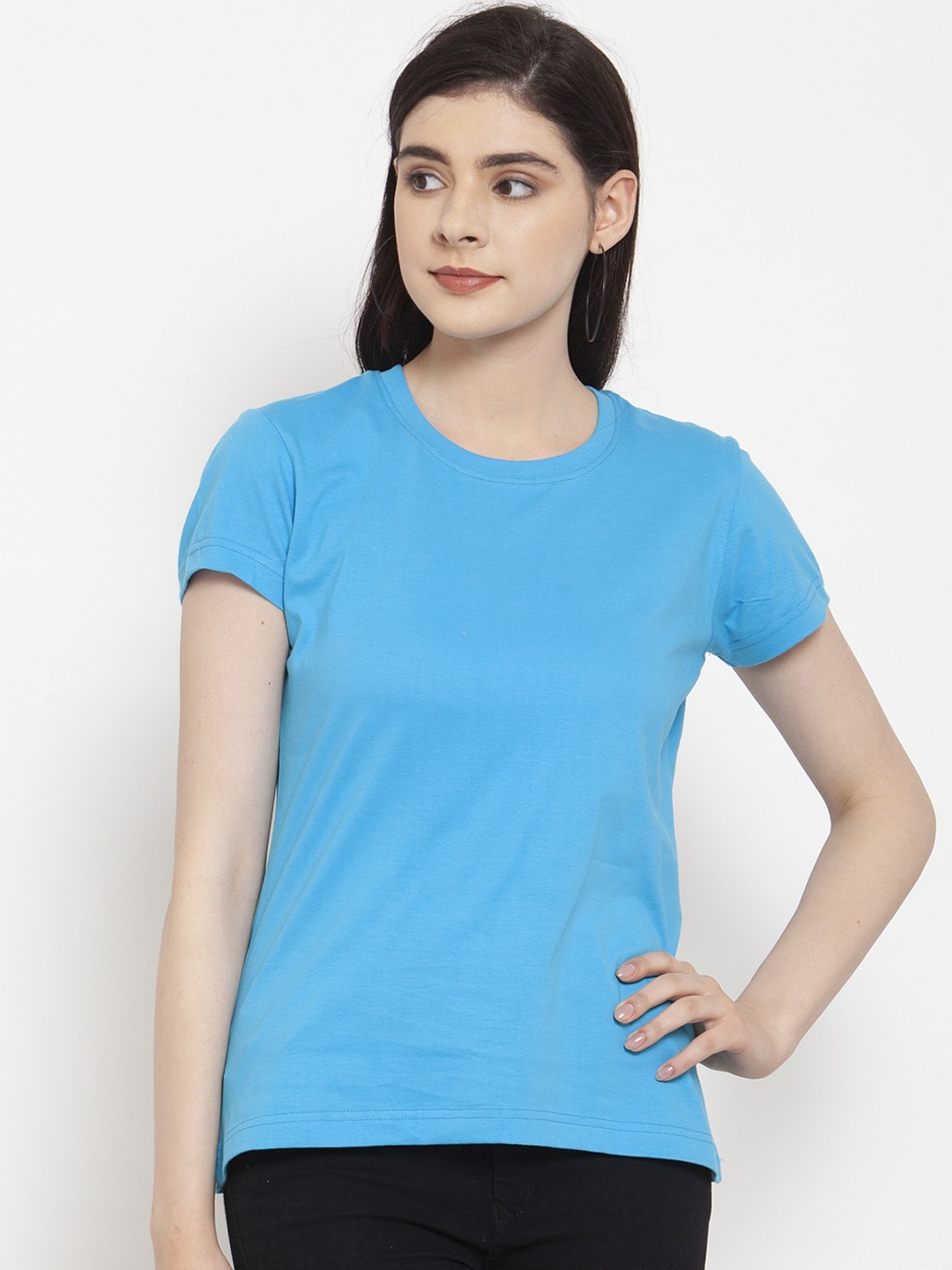 

Friskers Women Turquoise Blue Solid Round Neck T-shirt