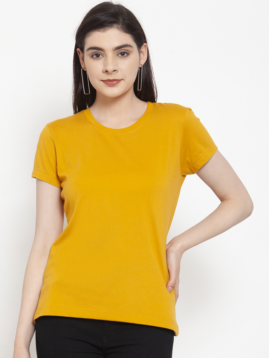 

Friskers Women Mustard Yellow Solid Round Neck T-shirt