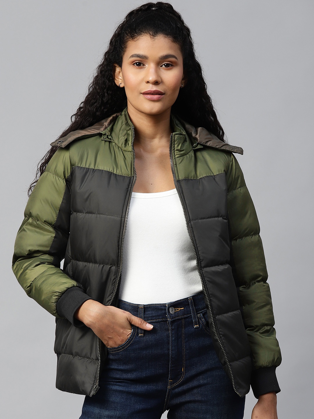 

Chemistry Women Olive Green Colourblocked Detachable Hooded Padded Jacket