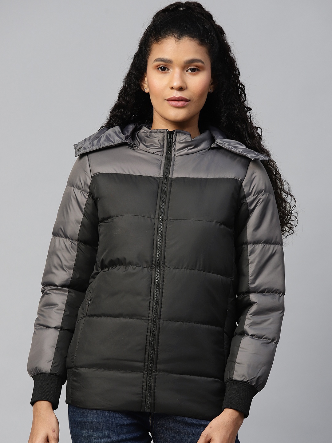 

Chemistry Women Black & Charcoal Grey Colourblocked Detachable Hooded Padded Jacket