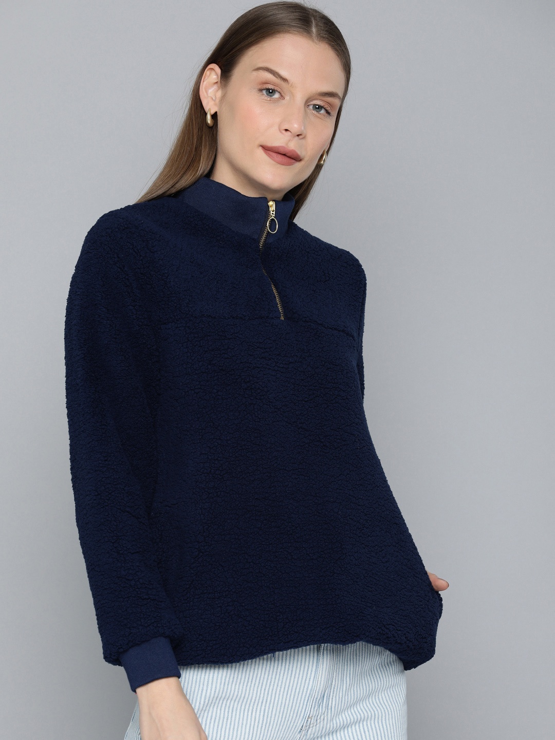 

Chemistry Women Navy Blue Solid Sweatshirt