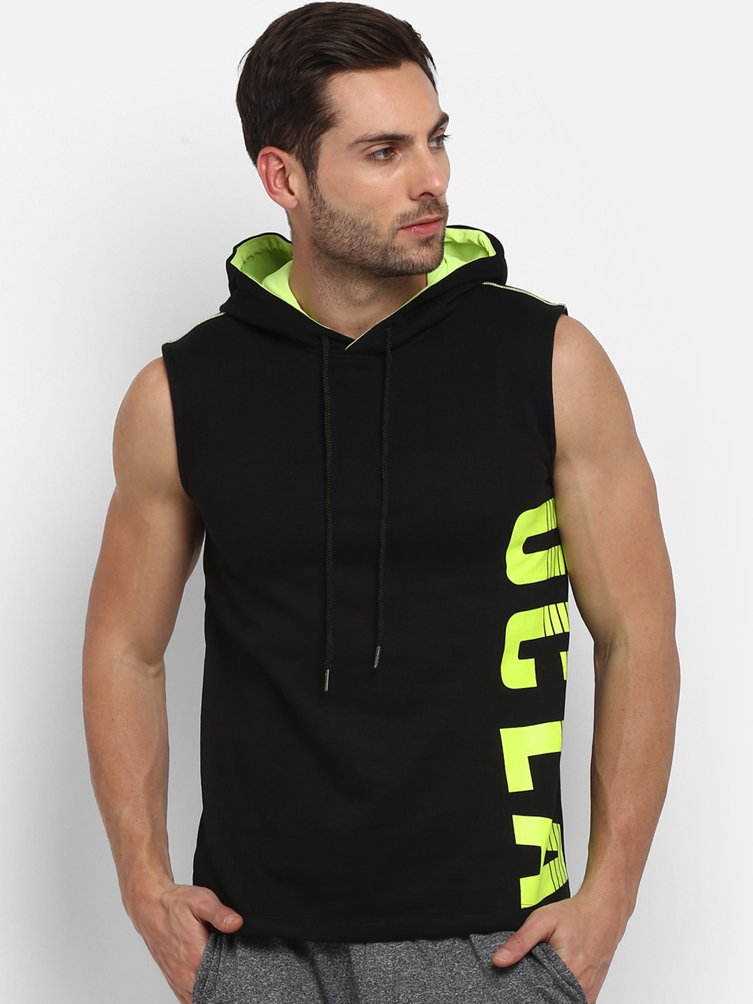 

UCLA Men Black & Florescent Green Printed Lightweight Hood T-shirt