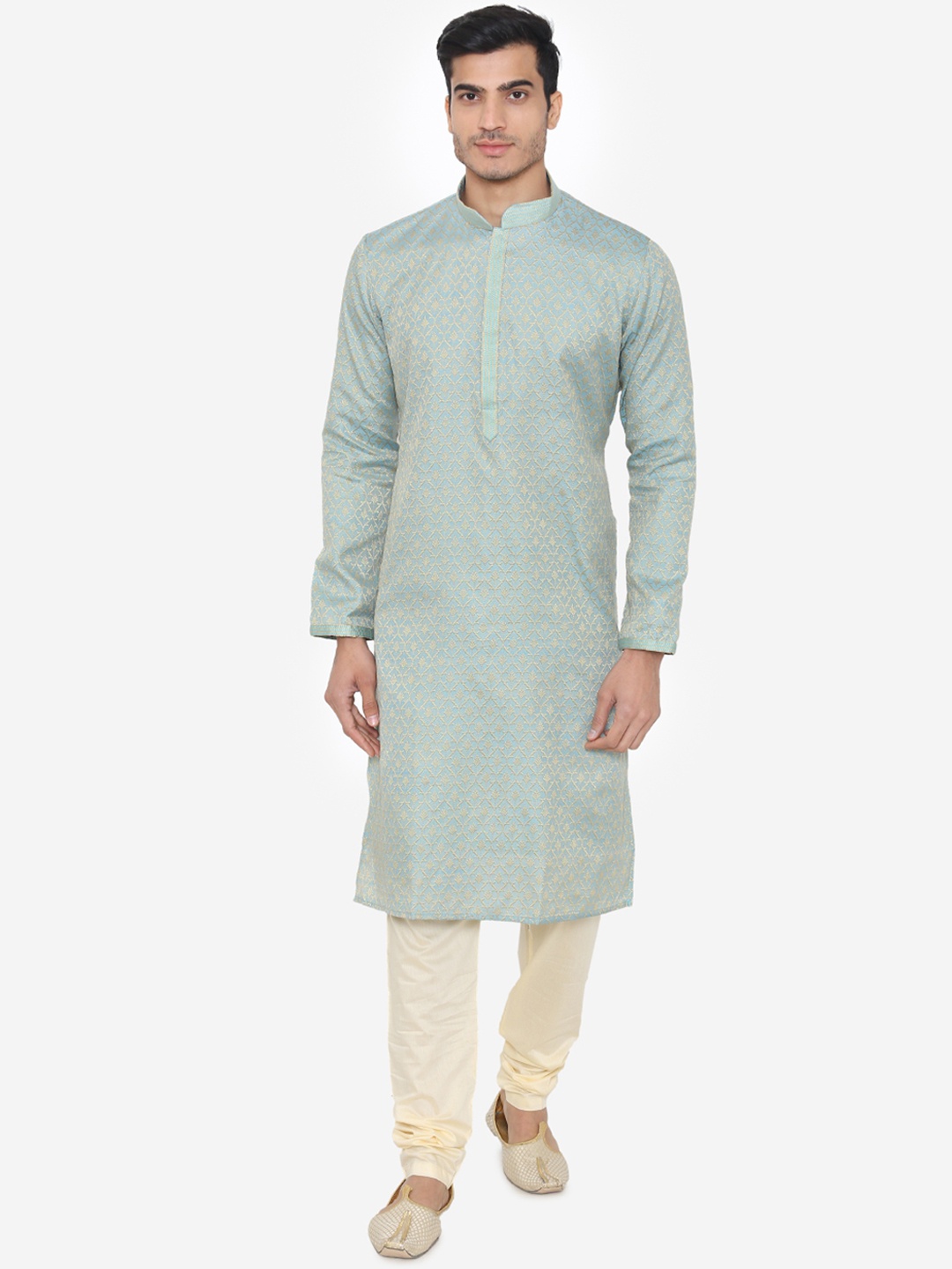 

Manyavar Men Blue Self Design Kurta with Churidar