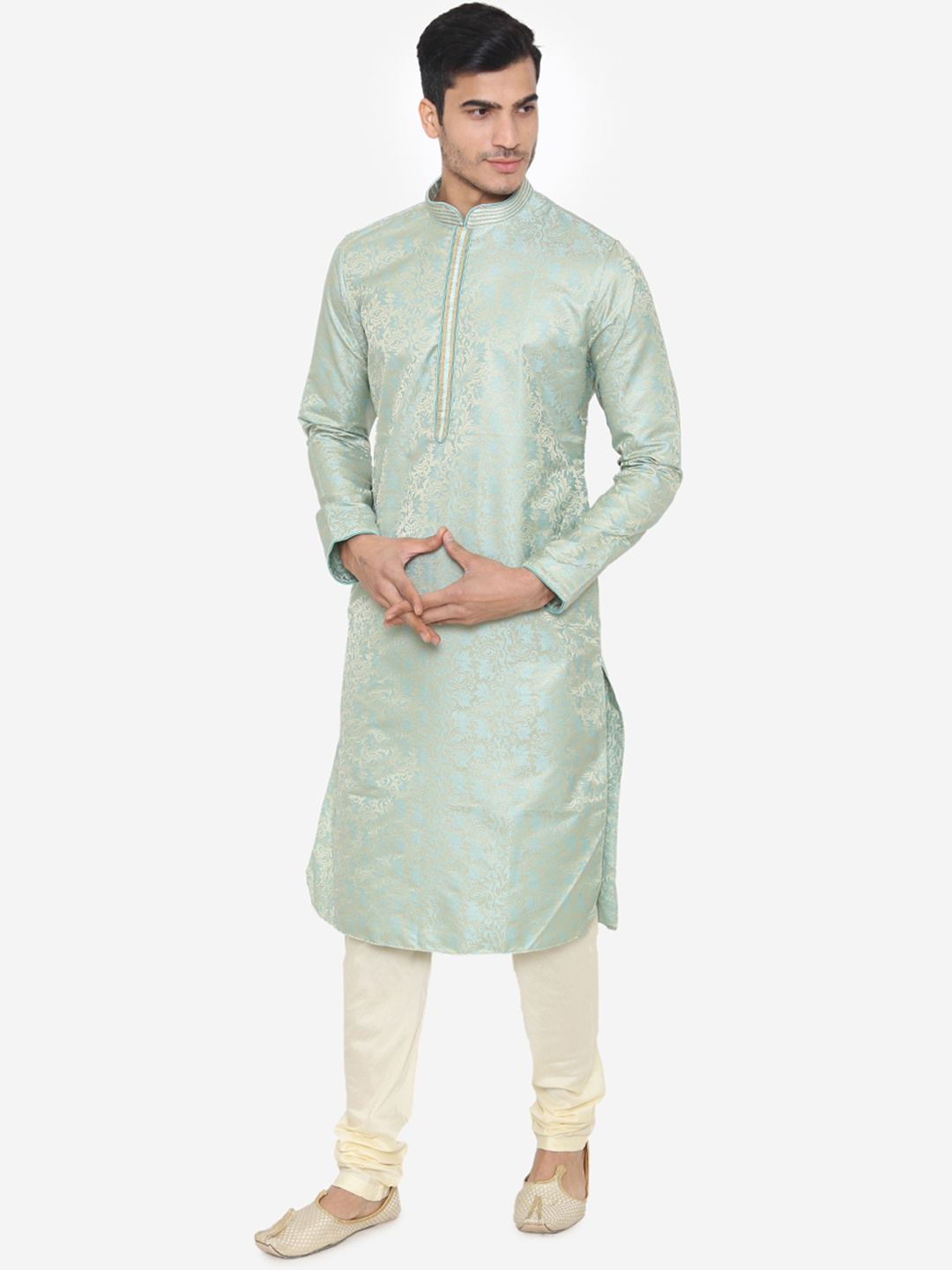 

Manyavar Men Turquoise Blue & Gold-Coloured Self Design Kurta with Churidar