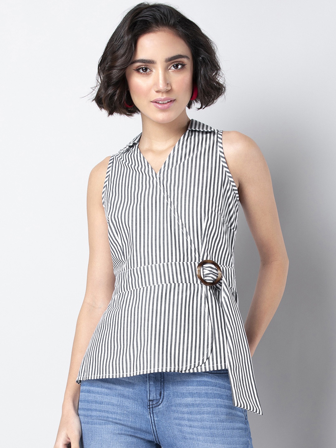 

FabAlley Women Grey Striped Wrap Pure Cotton Top