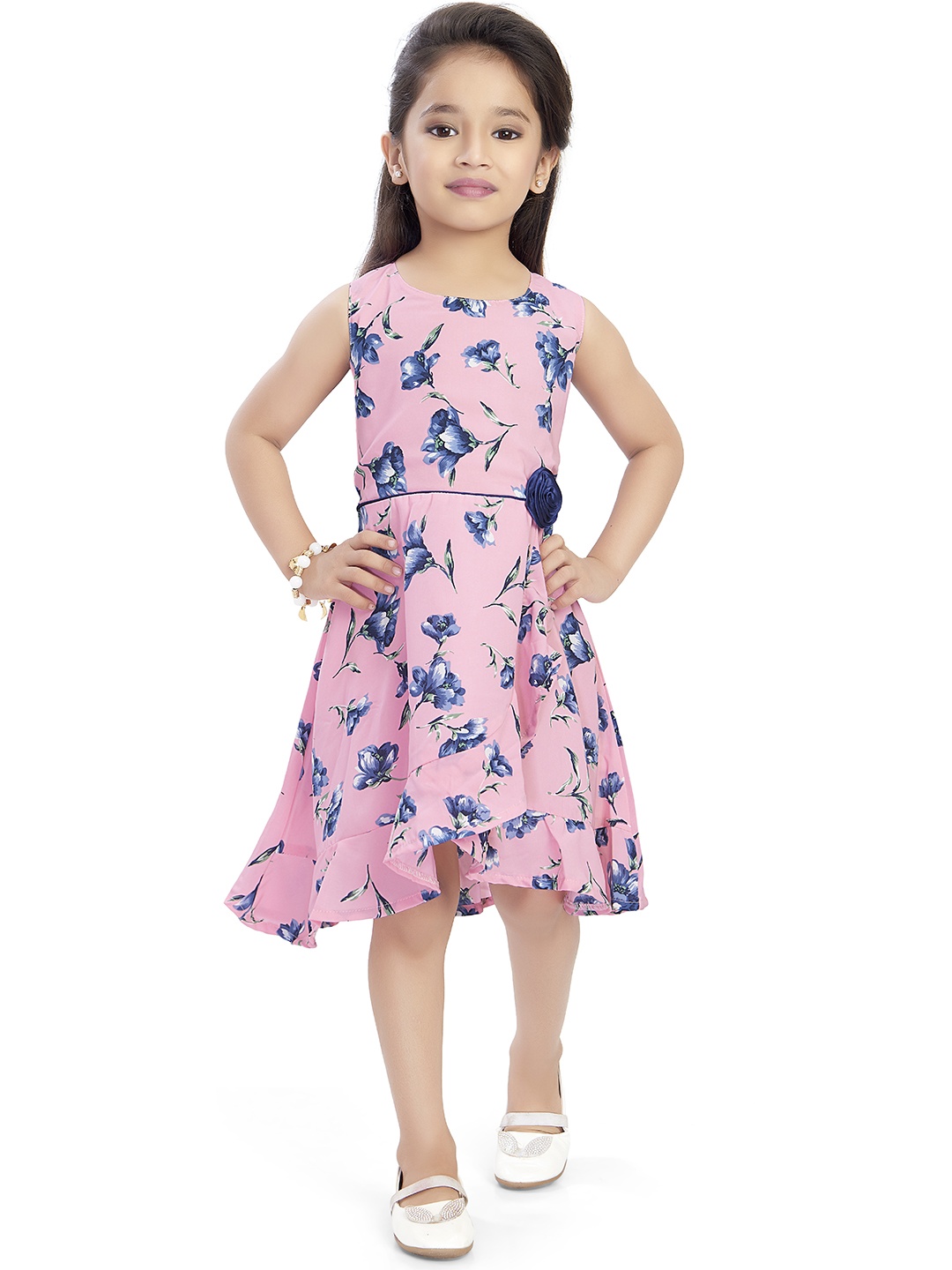 

Doodle Girls Pink & Navy Blue Floral Printed Fit and Flare Dress