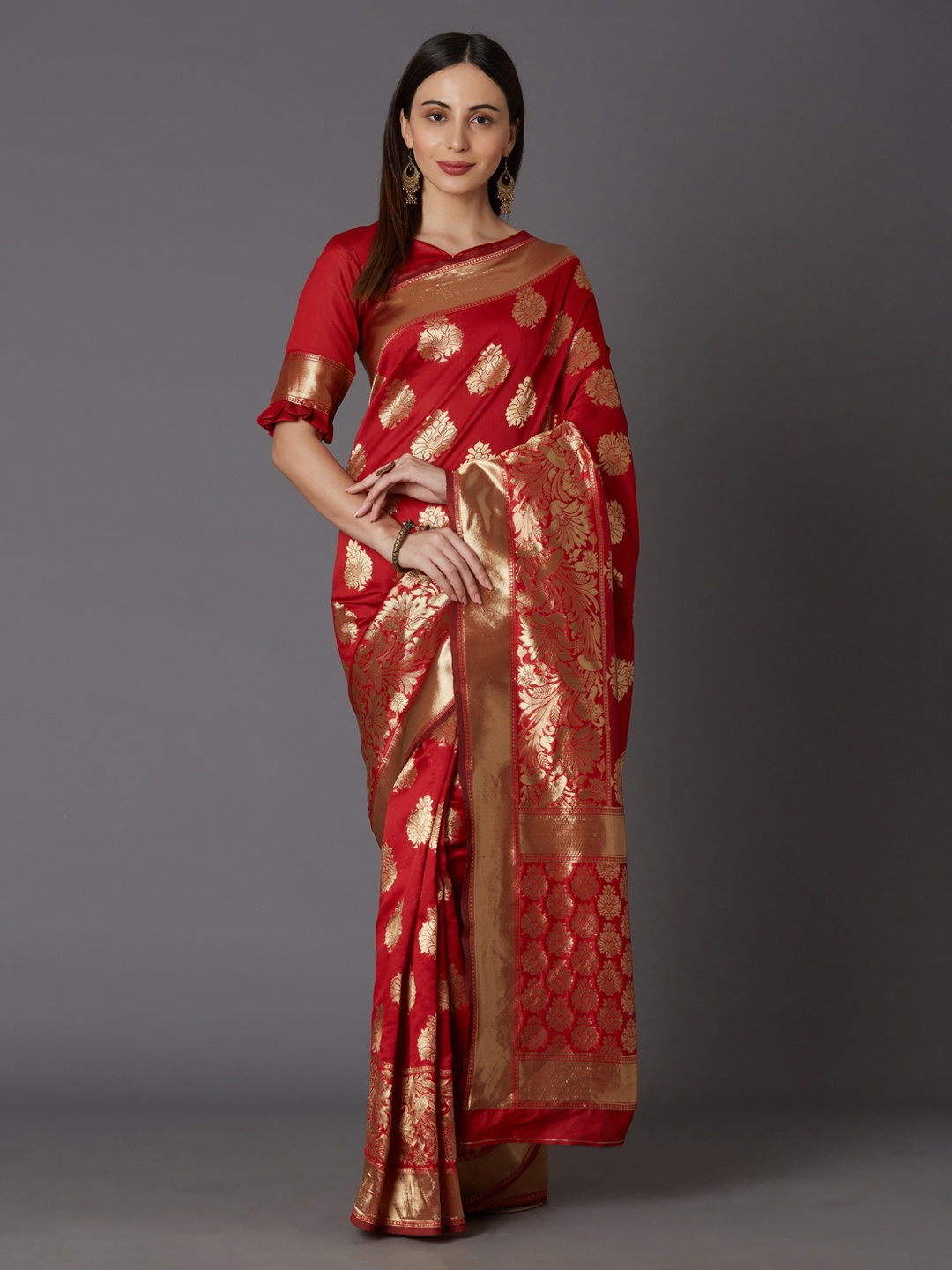 

Mitera Red & Gold-Coloured Silk Blend Woven Design Kanjeevaram Saree