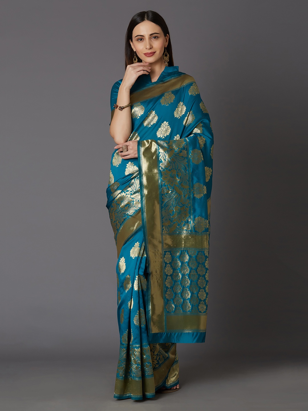 

Mitera Teal Blue & Gold-Coloured Silk Blend Woven Design Kanjeevaram Saree