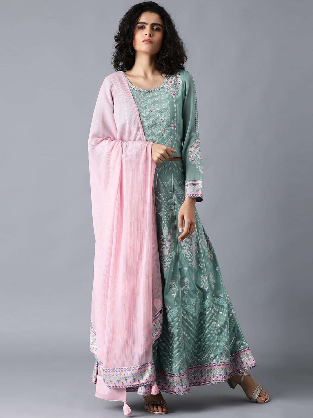 

WISHFUL Women Sea Green & Gold-Coloured Printed Top with Skirt & Dupatta