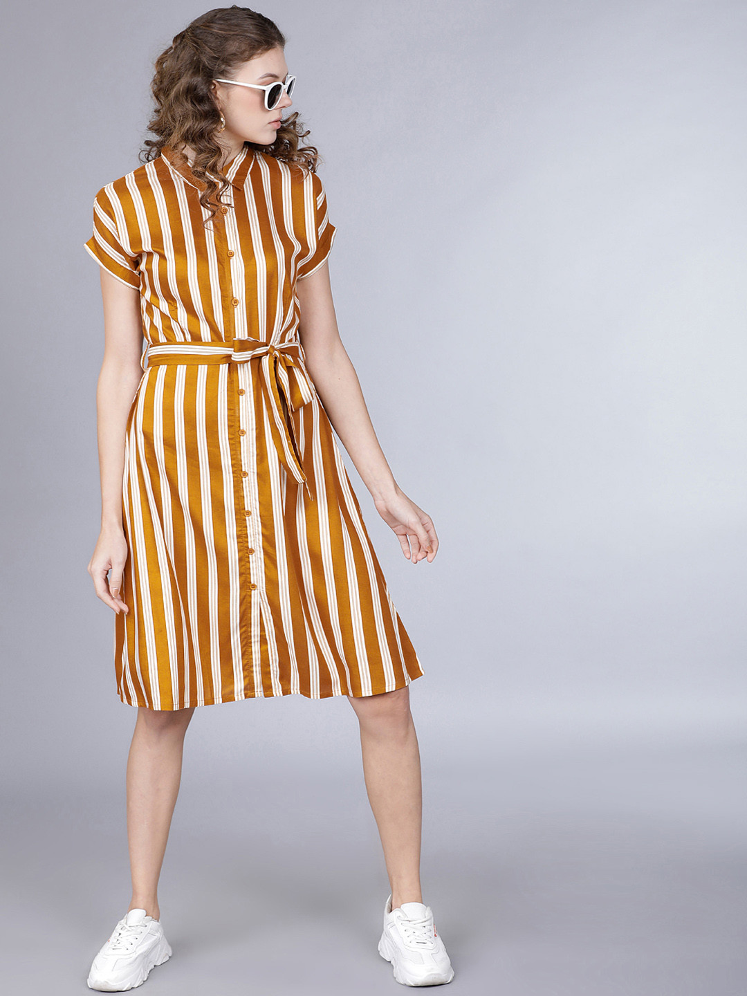 

Tokyo Talkies Women Mustard Yellow & White Striped Shirt Dress