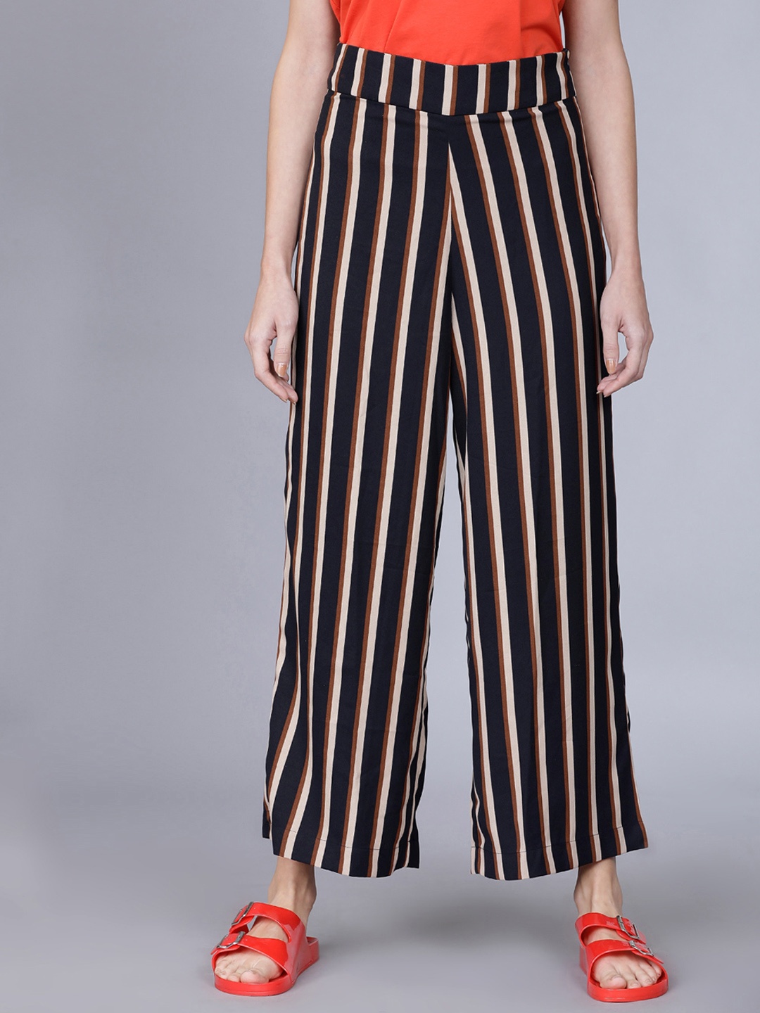 

Tokyo Talkies Women Navy Blue & Coffee Brown Regular Fit Striped Parallel Trousers
