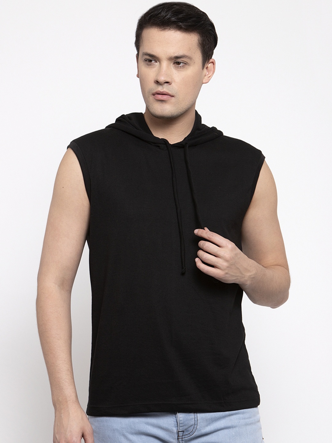 

Friskers Men Black Solid Hood T-shirt