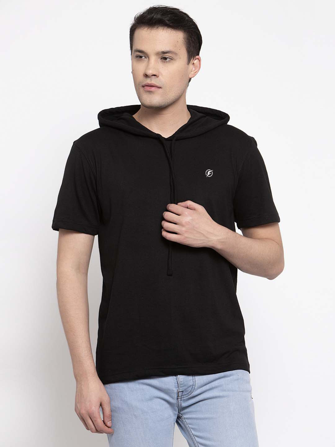 

Friskers Men Black Solid Hooded T-shirt