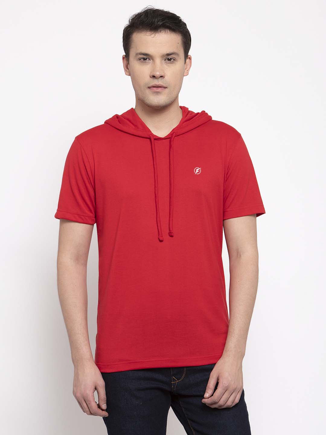 

Friskers Men Red Solid Hooded T-shirt