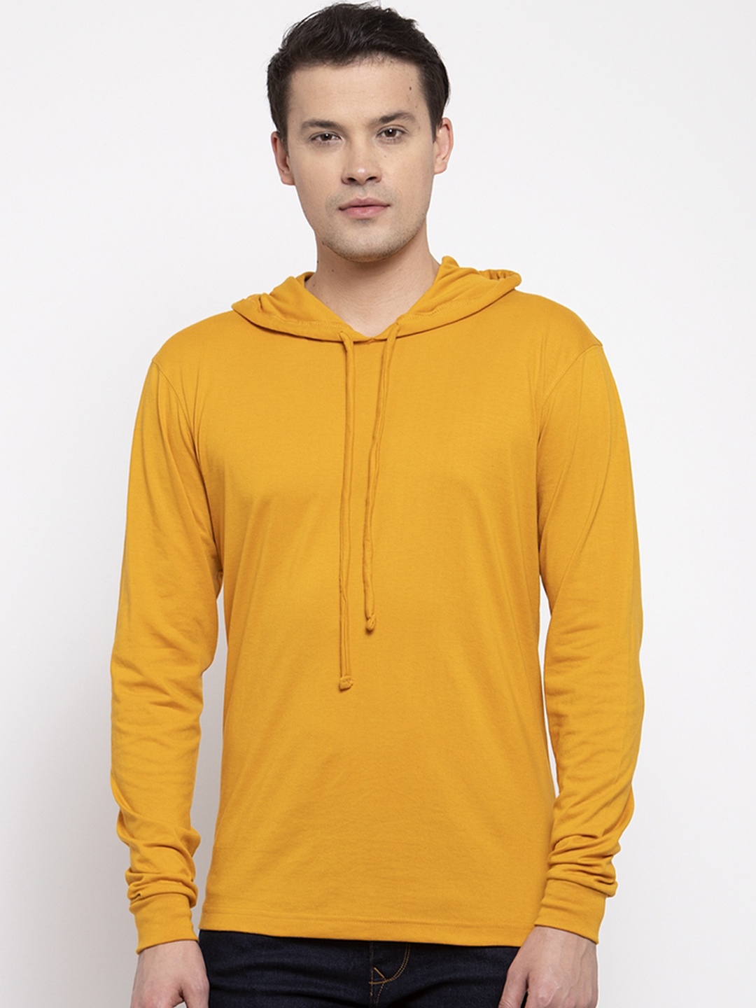 

Friskers Men Mustard Yellow Solid Hooded T-shirt