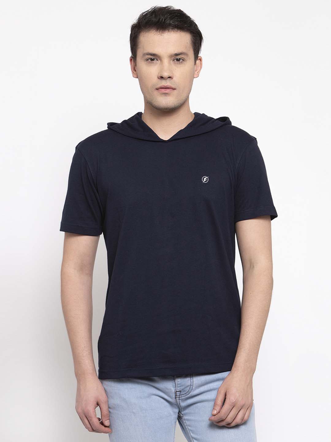 

Friskers Men Navy Blue Solid Hooded T-shirt