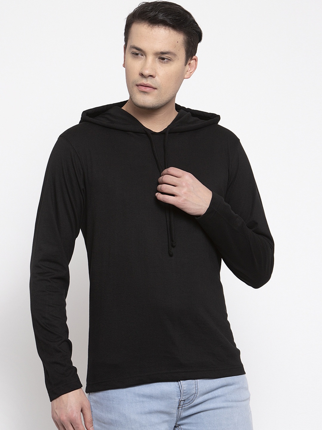 

Friskers Men Black Solid Hood T-shirt