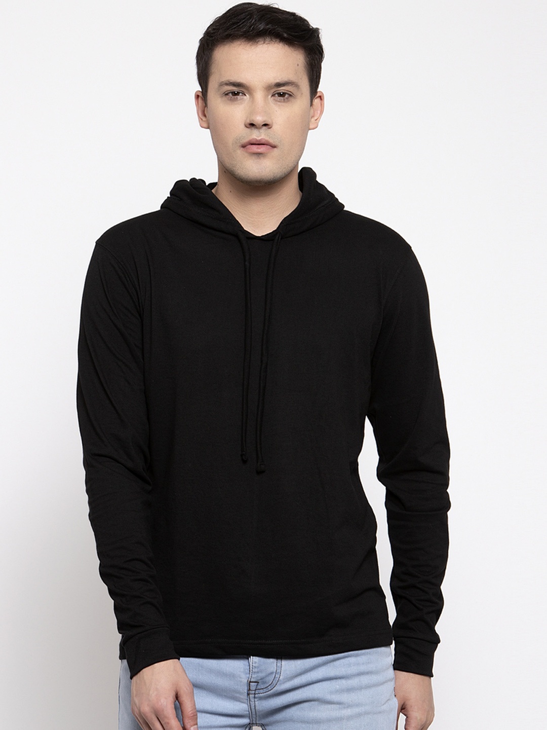 

Friskers Men Black Solid Hood T-shirt