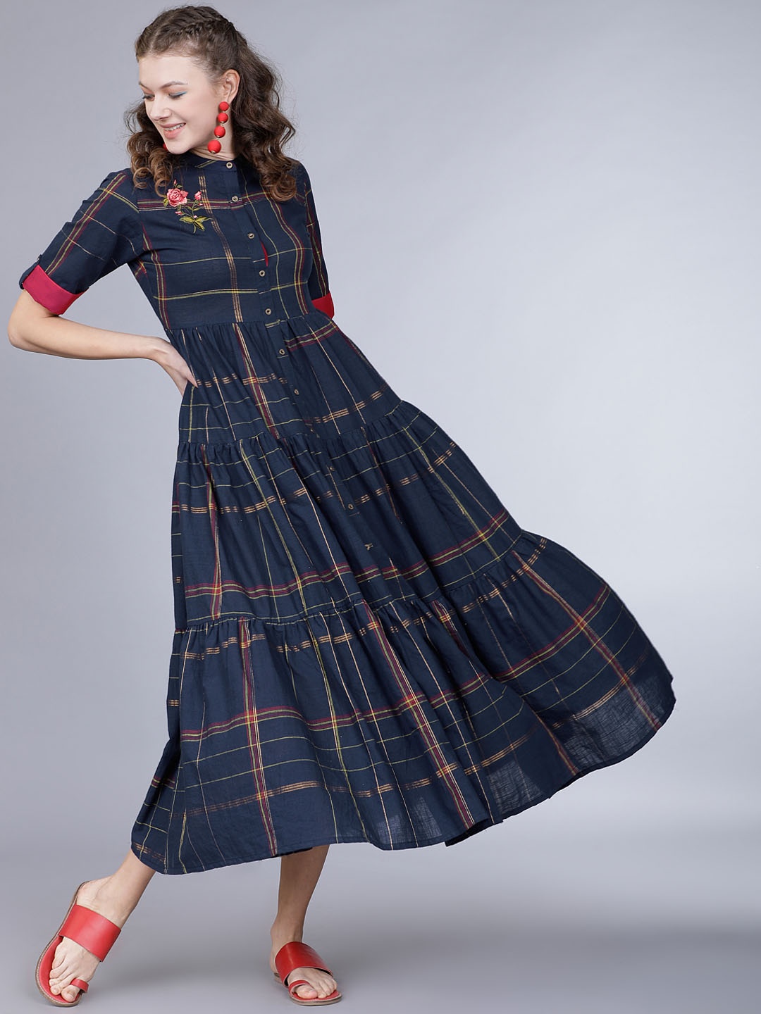 

Vishudh Women Navy Blue & Red Checked Shirt Dress