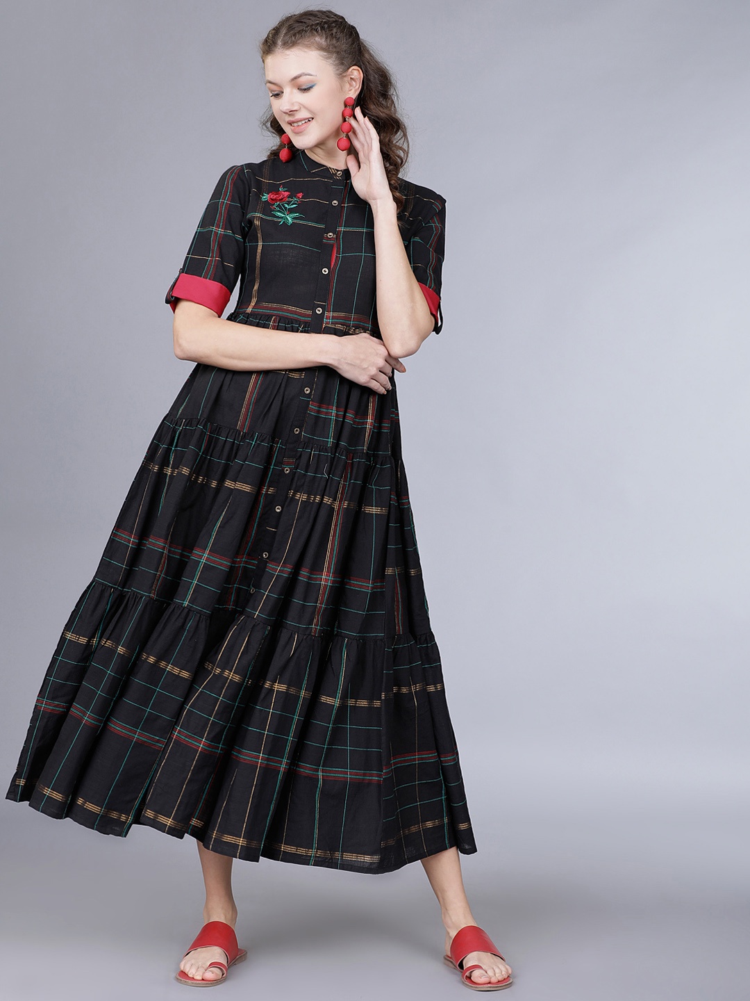 

Vishudh Women Black & Teal Blue Checked Shirt Dress