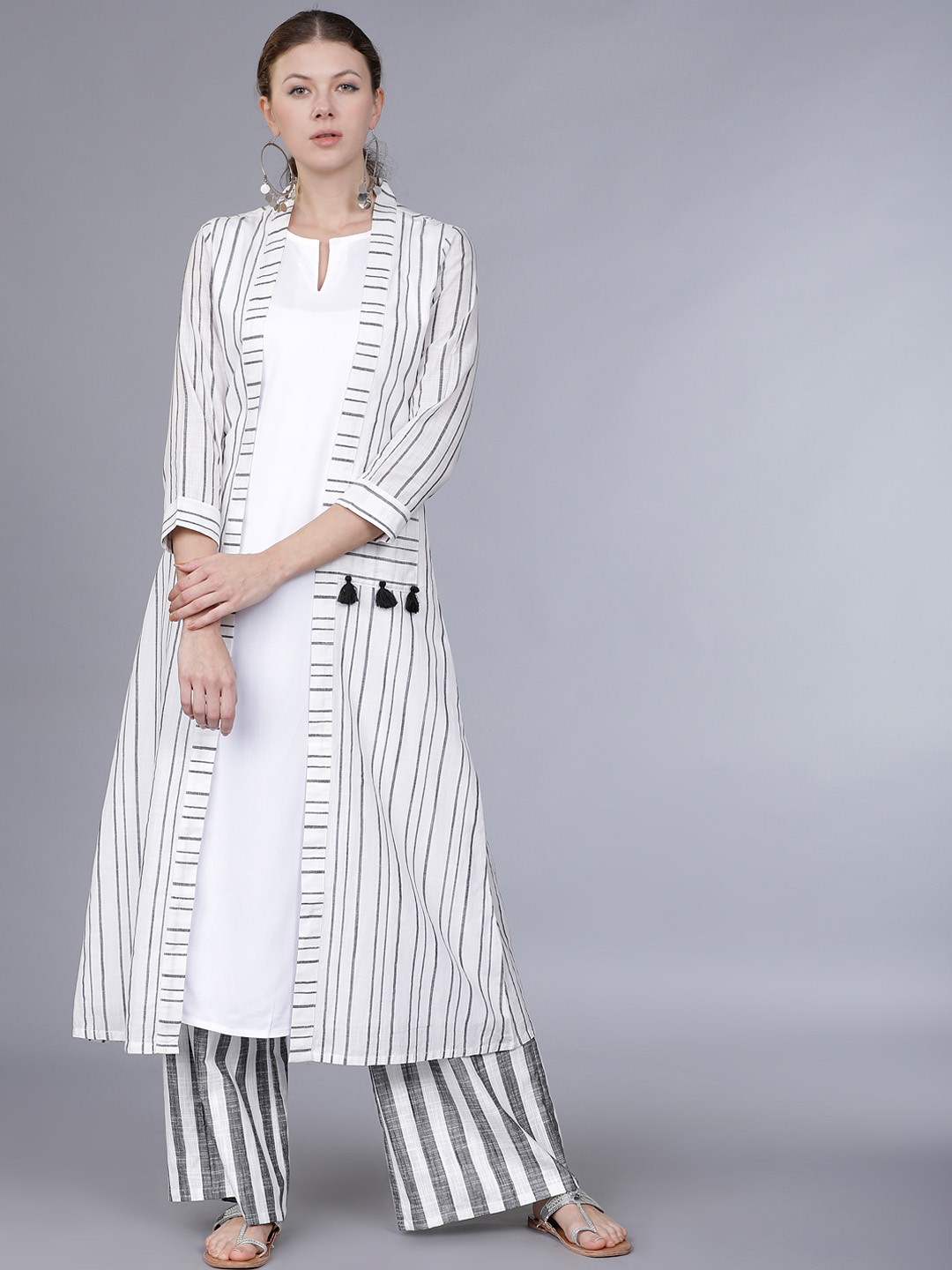 

Vishudh Women White & Charcoal Grey Striped Layered A-Line Kurta