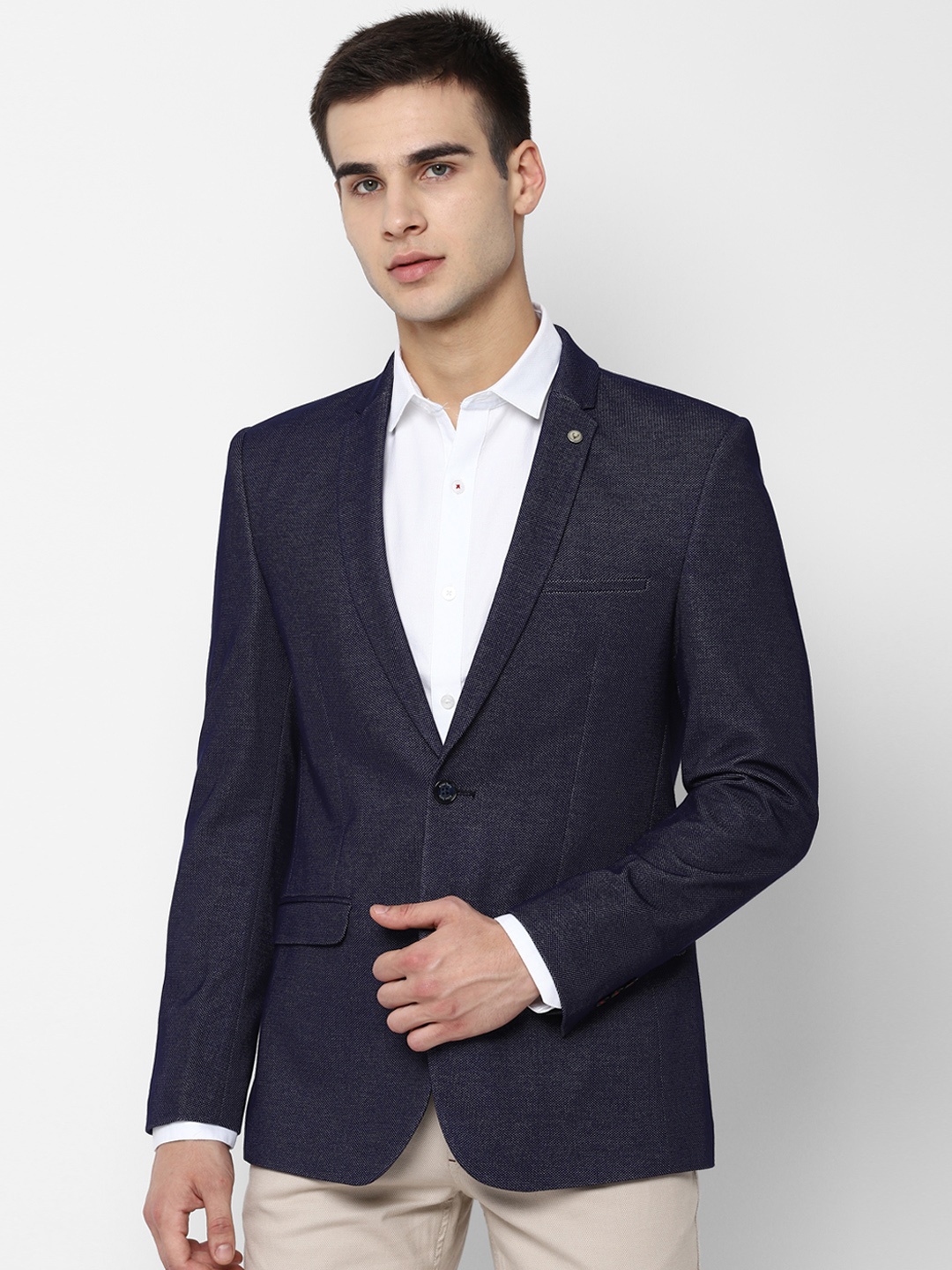 

Allen Solly Men Navy Blue Self Design Slim-Fit Single-Breasted Casual Blazer