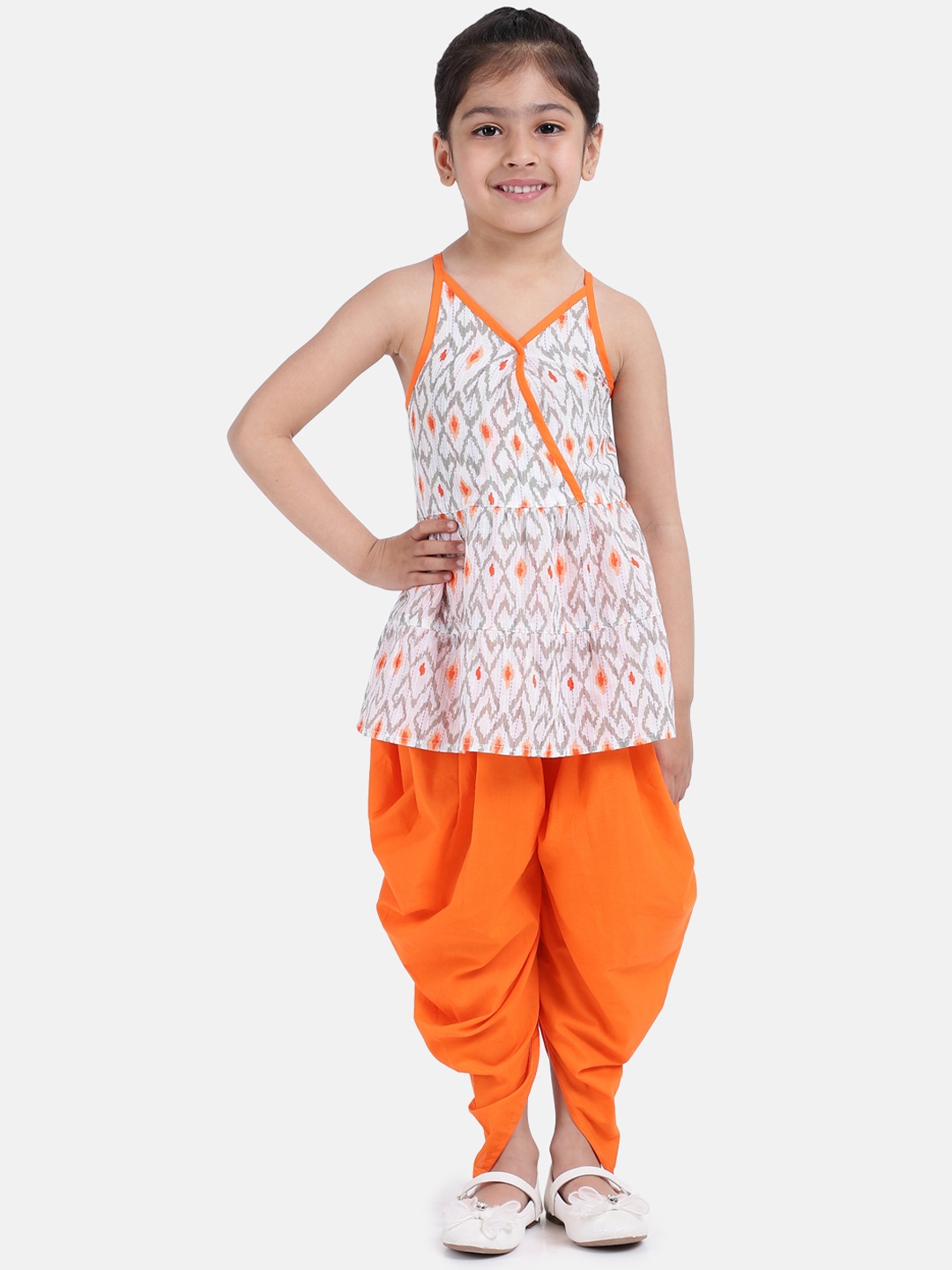 

BownBee Girls White & Orange Printed Kurti with Dhoti Pants