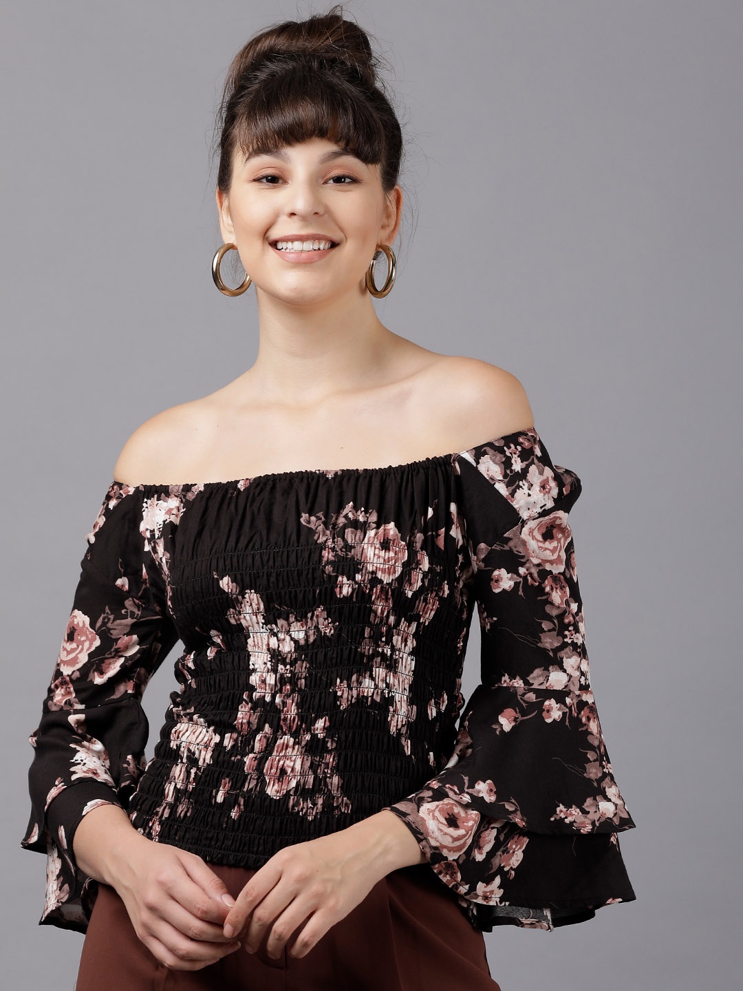 

Tokyo Talkies Women Black Printed Bardot Top