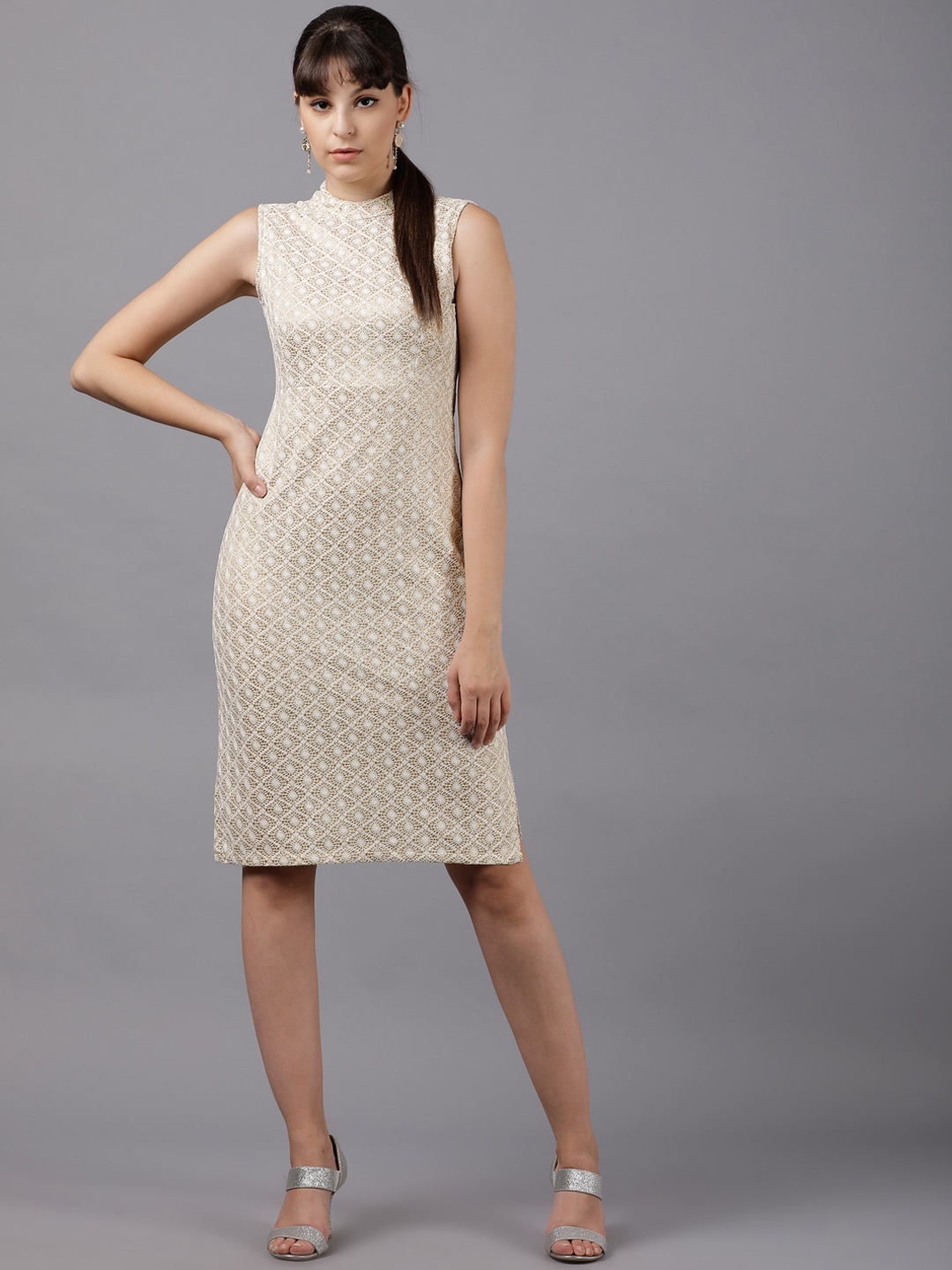 

Tokyo Talkies Women Cream-Coloured & White Self Design Sheath Dress