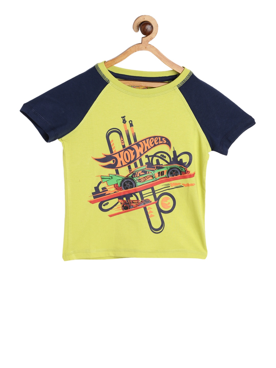 

toothless Boys Lime Green Navy Blue Hot Wheels Printed Round Neck Pure Cotton T-shirt