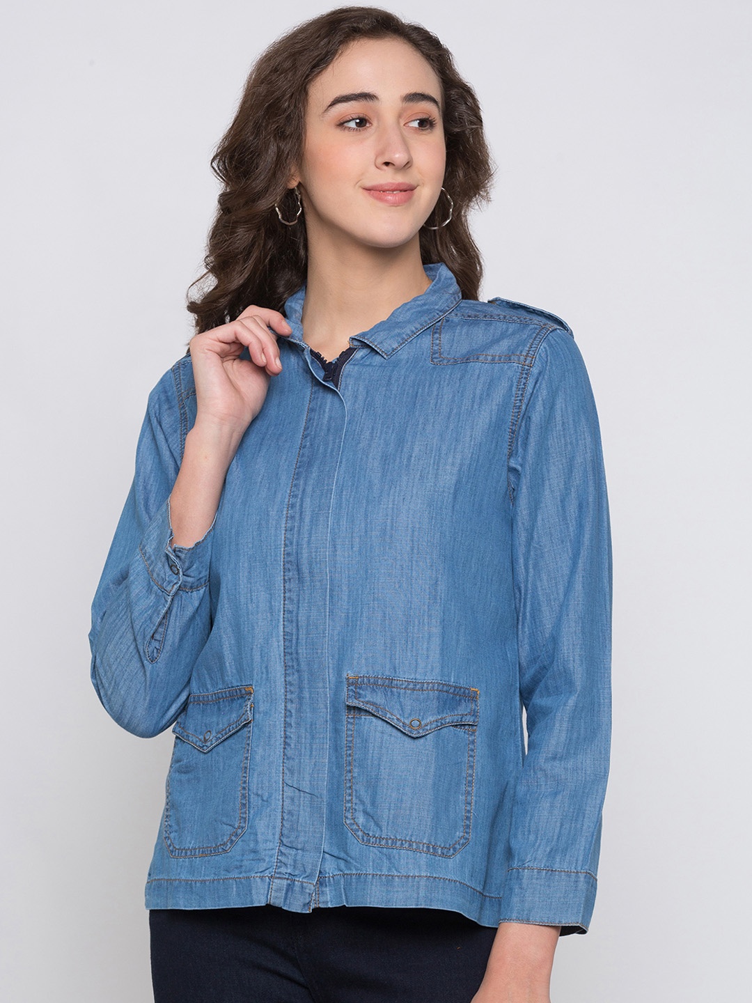 

Globus Women Blue Solid Denim Jacket