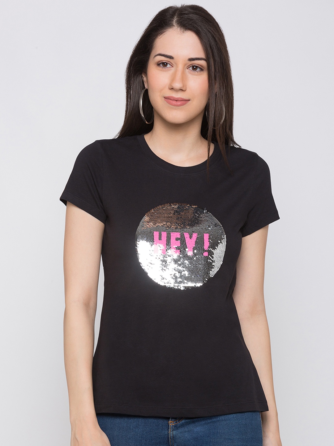 

Globus Women Black Fippy Sequin Round Neck T-shirt
