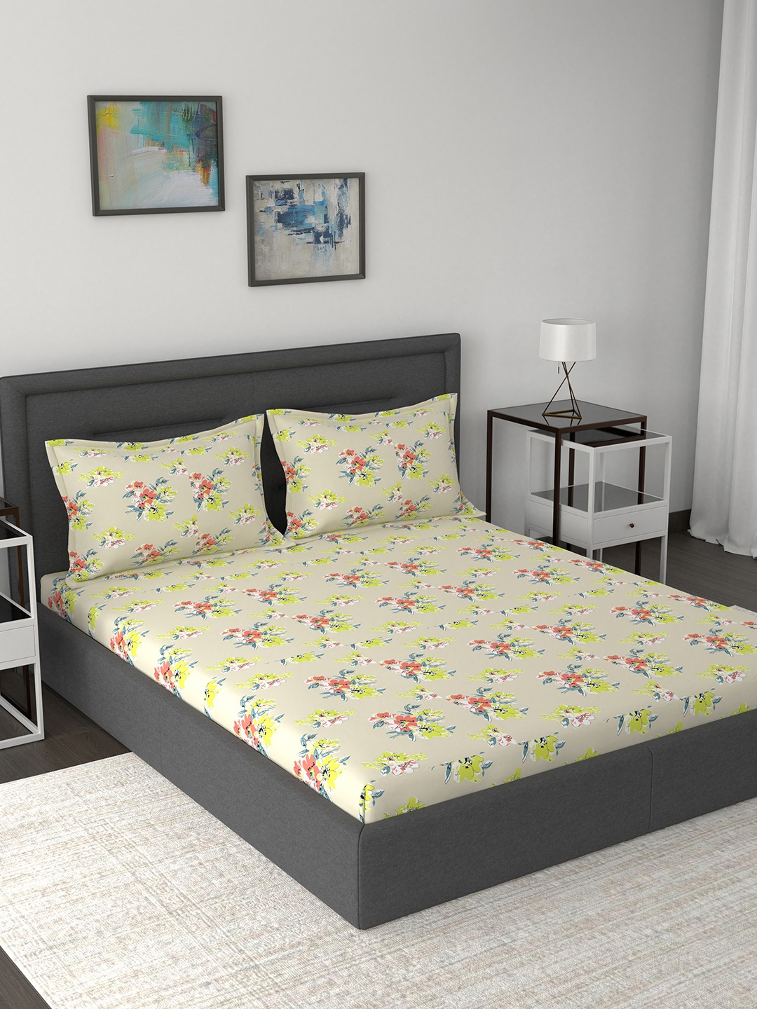 

In-House by maspar Beige & Yellow Floral 210 TC Cotton 1 Queen Bedsheet with 2 Pillow Covers