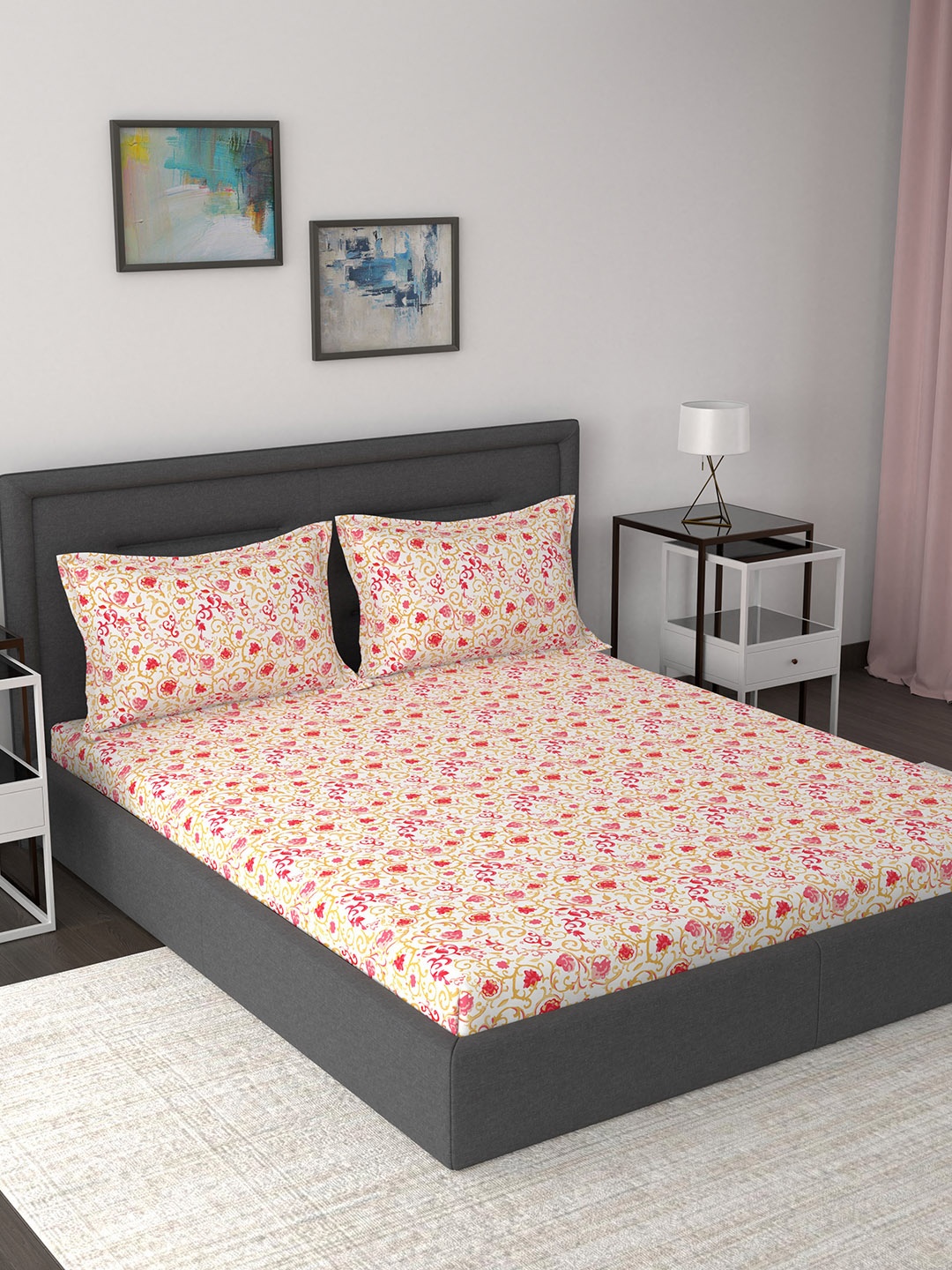 

In-House by maspar Red & White Floral 210 TC Cotton 1 Queen Bedsheet with 2 Pillow Covers