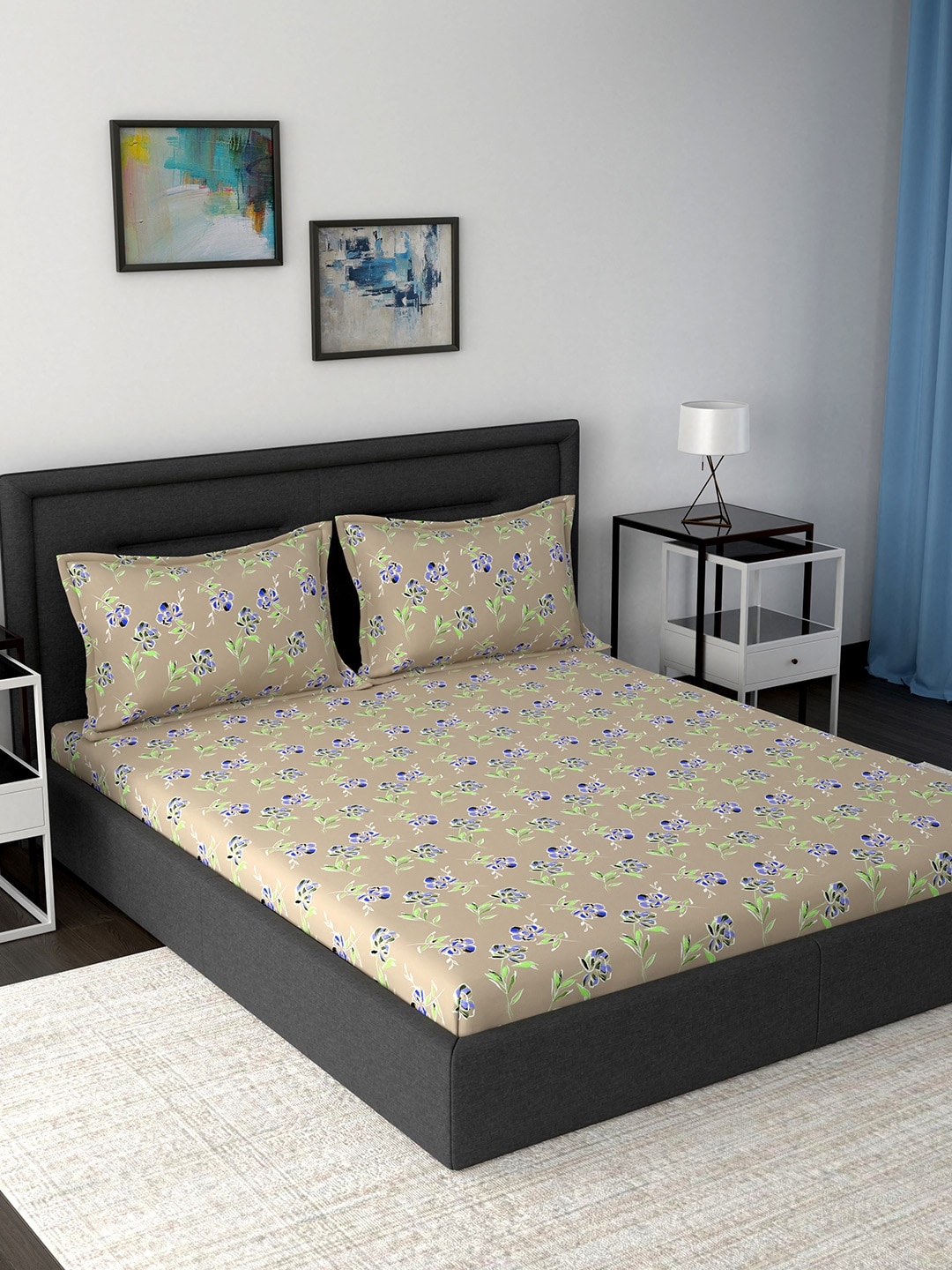 

MASPAR Beige & Blue Floral 160 TC Cotton 1 Queen Bedsheet with 2 Pillow Covers