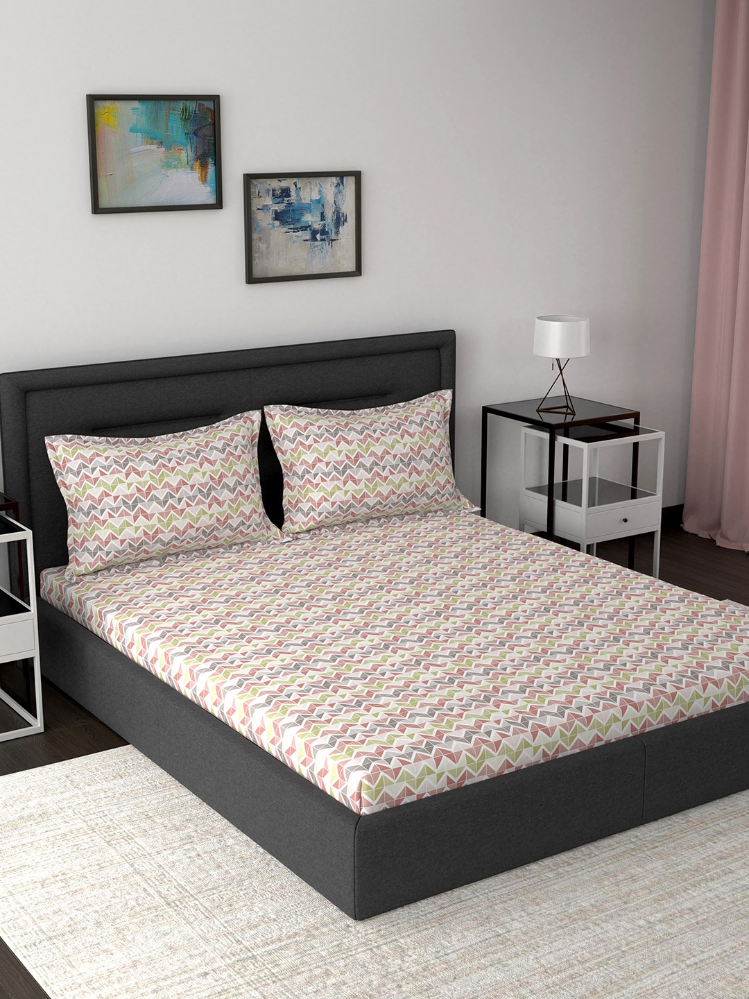 

In-House by maspar Red & Beige Geometric 210 TC Cotton 1 Queen Bedsheet with 2 Pillow Covers