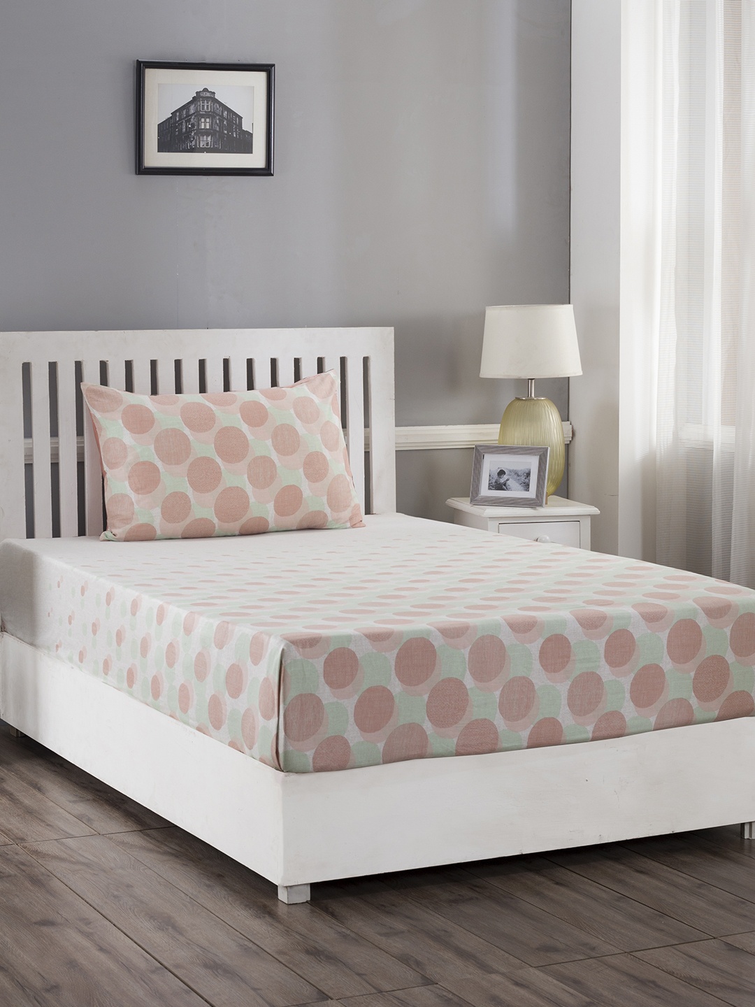 

MASPAR Peach-Coloured Geometric 210 TC Cotton 1 Single Bedsheet with 1 Pillow Cover