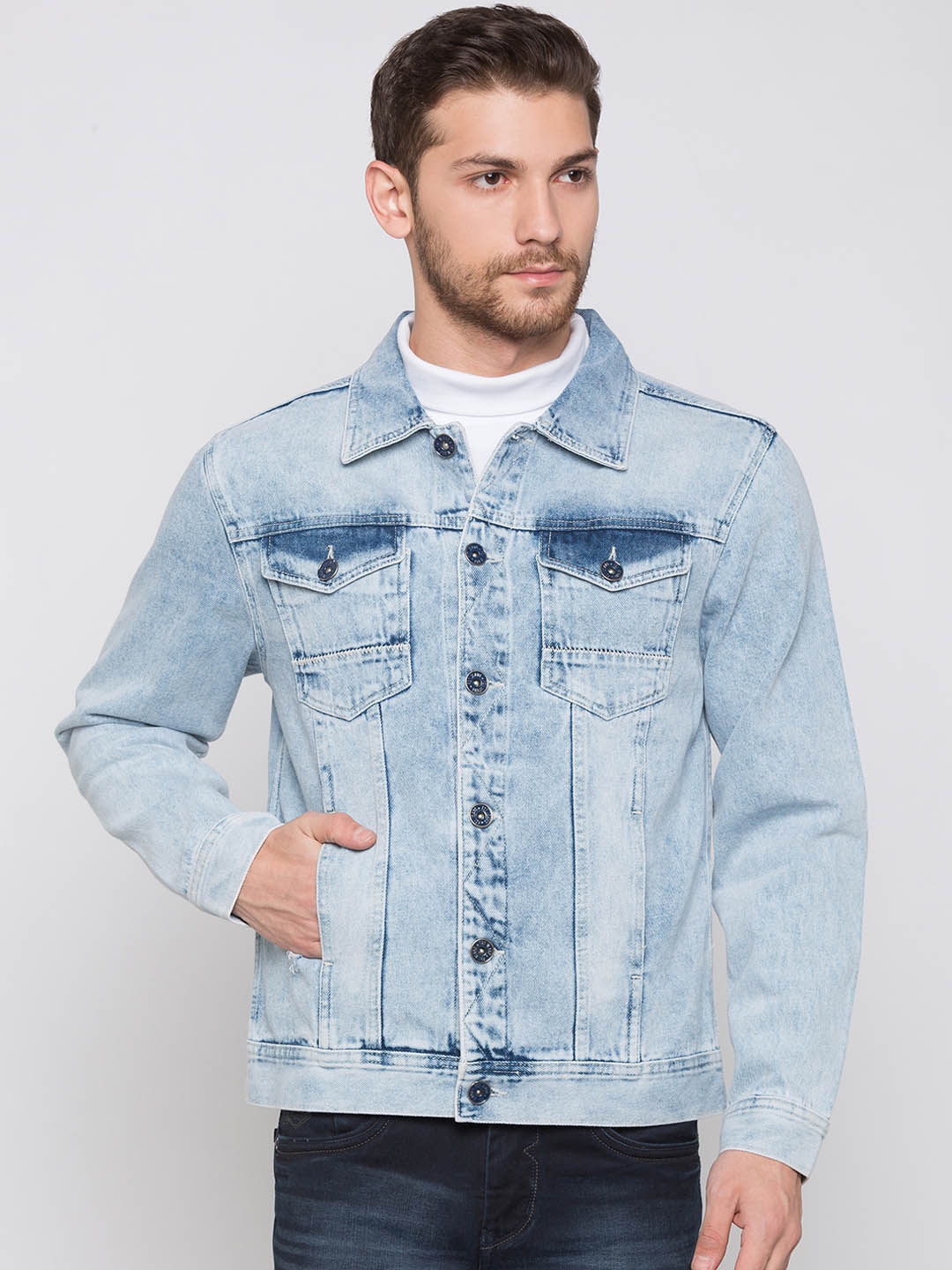 

Globus Men Blue Solid Denim Jacket