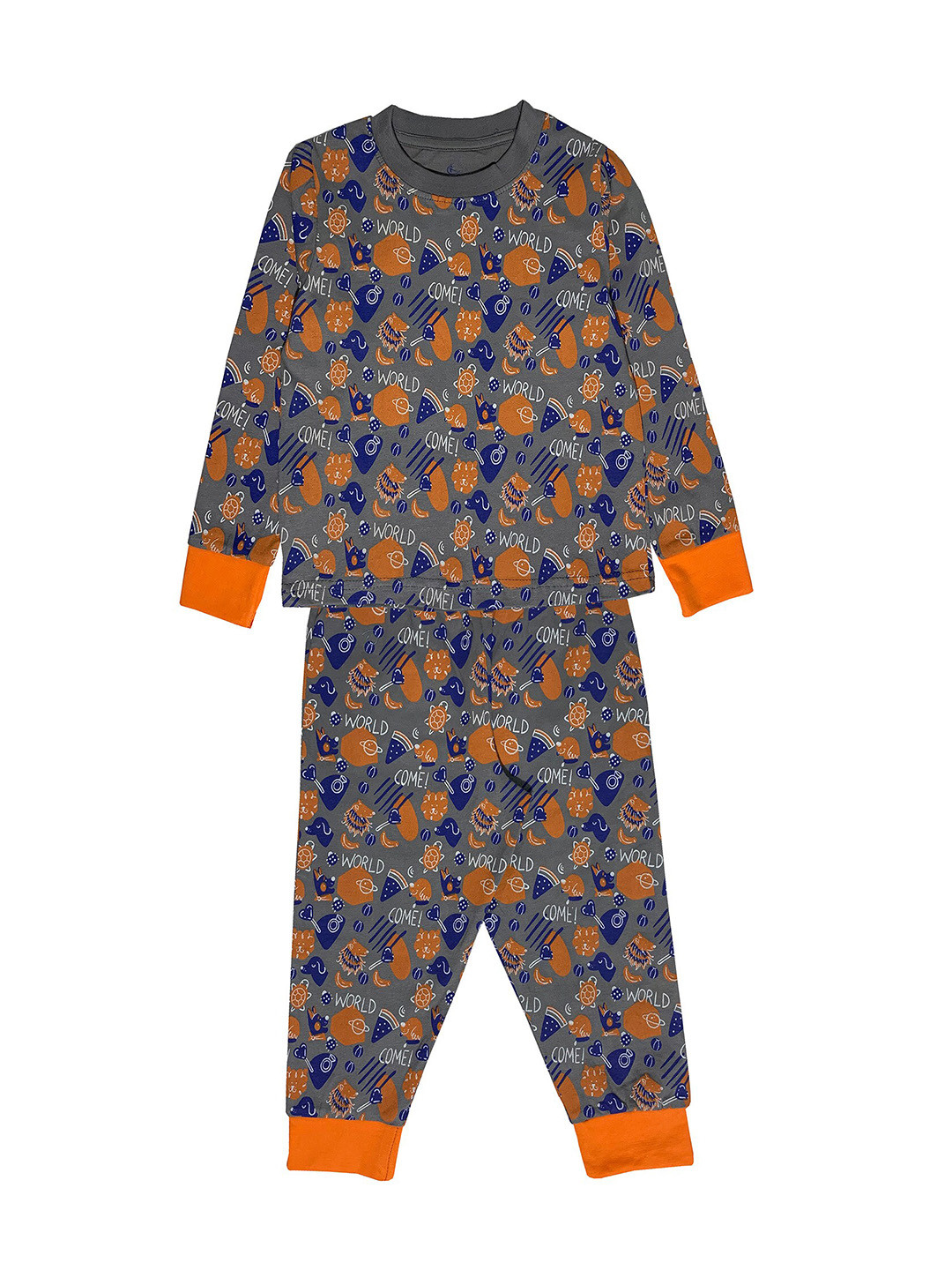 

KiddoPanti Boys Grey & Orange World Aop Printed Night suit