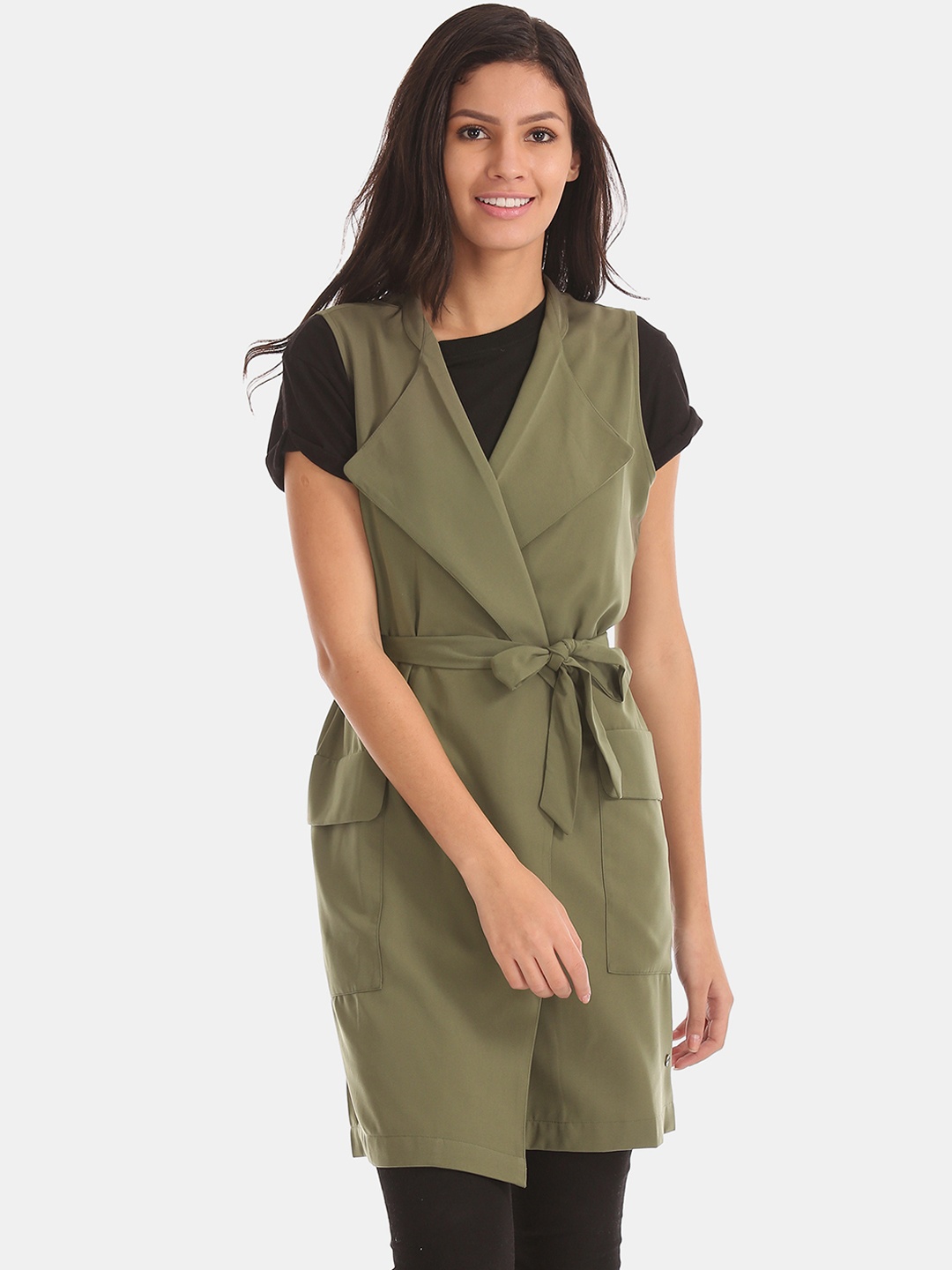 

U.S. Polo Assn. Women Olive Green Solid Open Front Longline Shrug